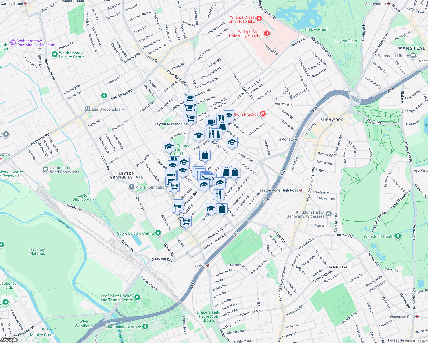 map of restaurants, bars, coffee shops, grocery stores, and more near 176 Murchison Road in Greater London