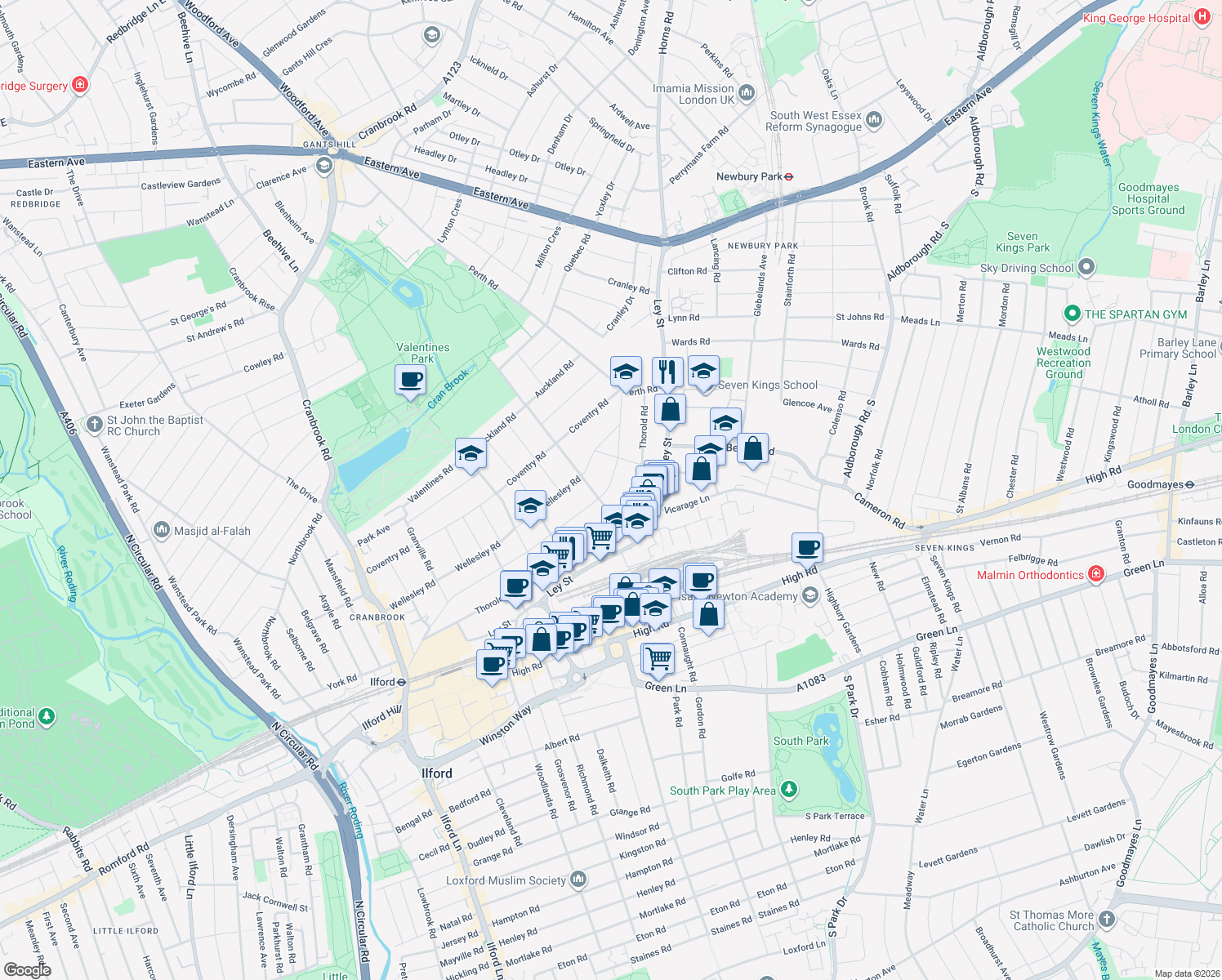 map of restaurants, bars, coffee shops, grocery stores, and more near 208 Balfour Road in Greater London
