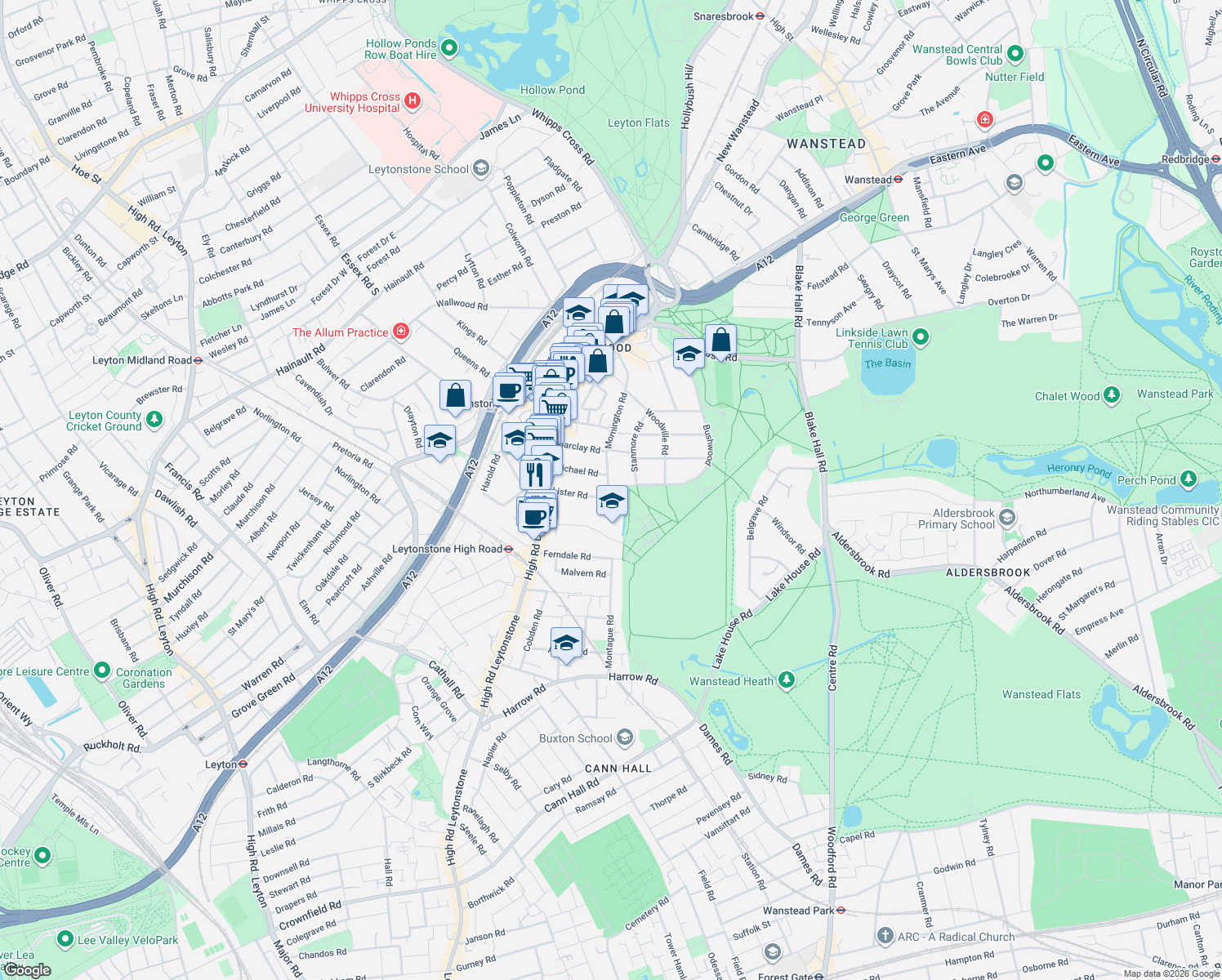 map of restaurants, bars, coffee shops, grocery stores, and more near 161 Mornington Road in Greater London