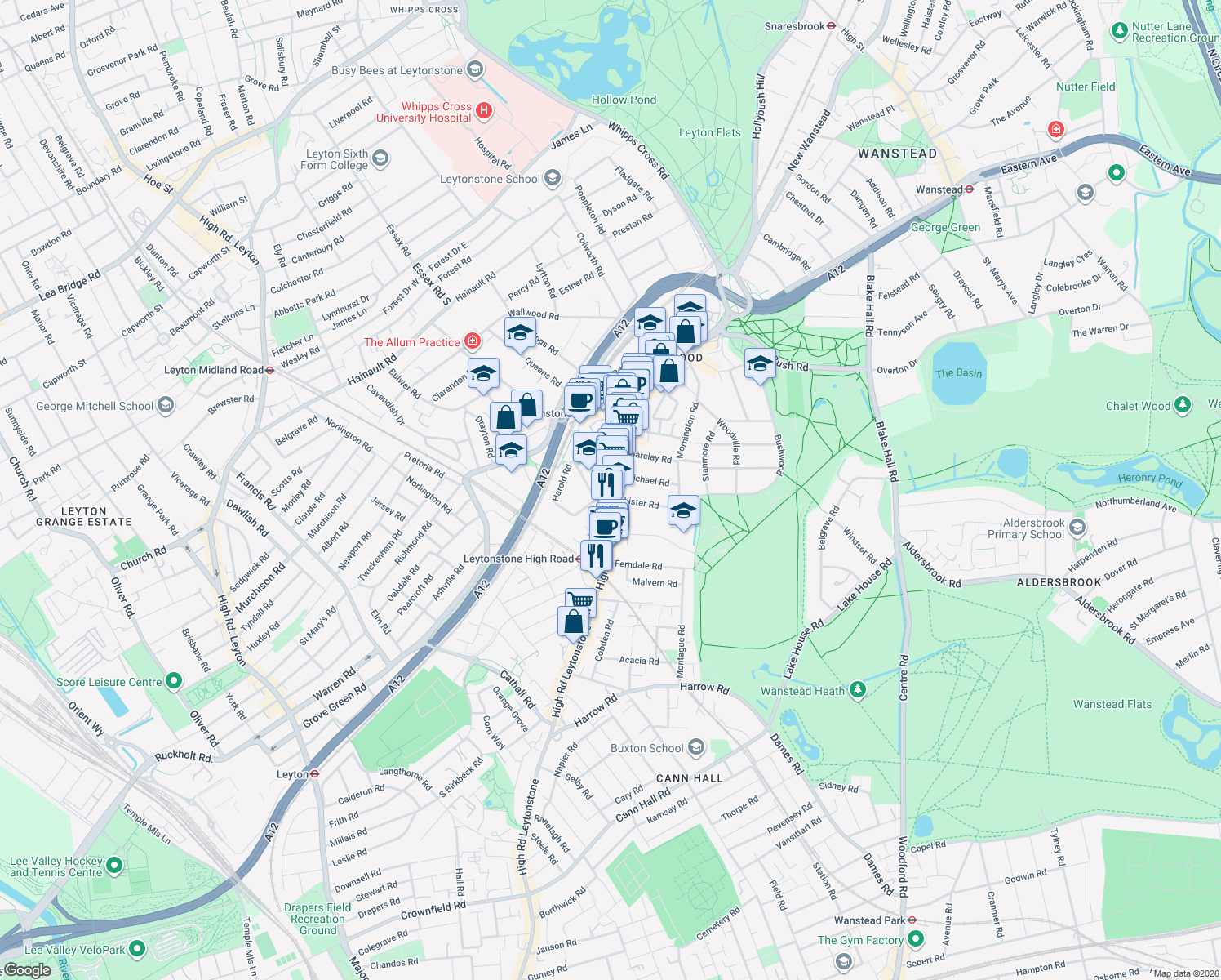 map of restaurants, bars, coffee shops, grocery stores, and more near 1 Lister Road in Greater London