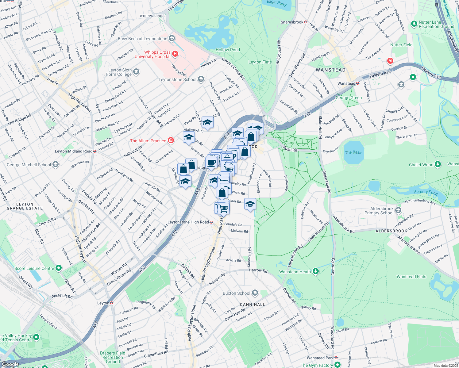 map of restaurants, bars, coffee shops, grocery stores, and more near 612 High Road Leytonstone in Greater London