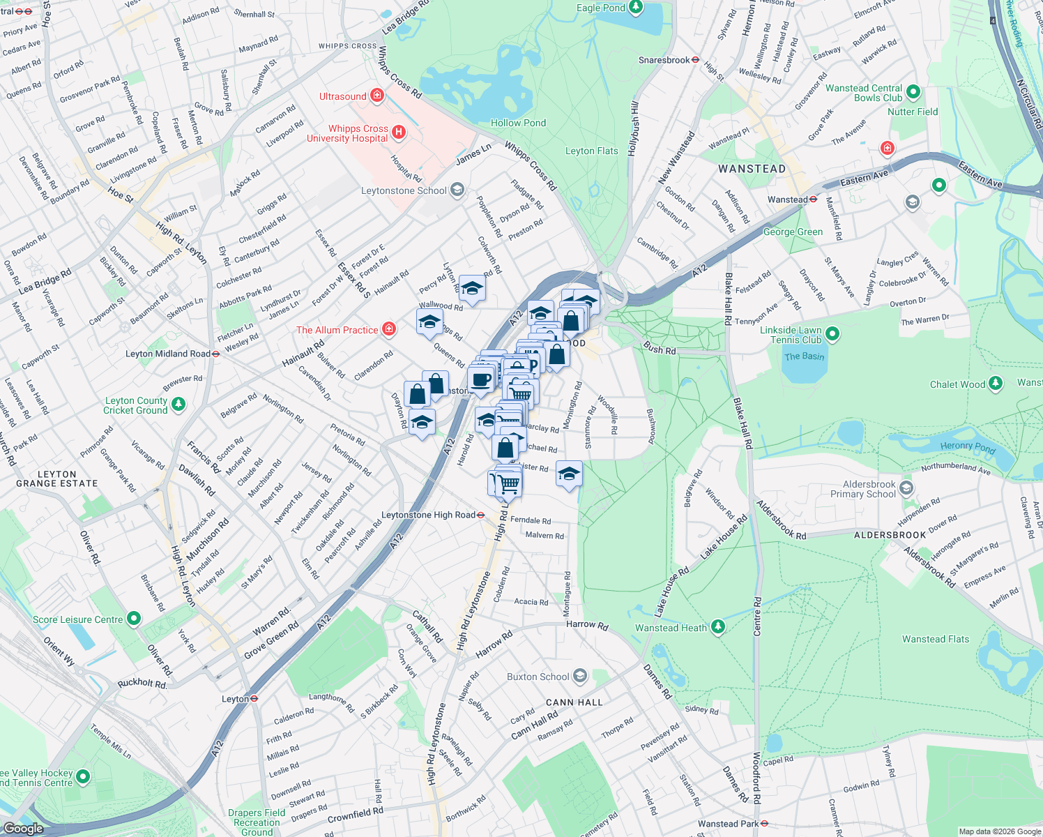 map of restaurants, bars, coffee shops, grocery stores, and more near 612 High Road Leytonstone in Greater London
