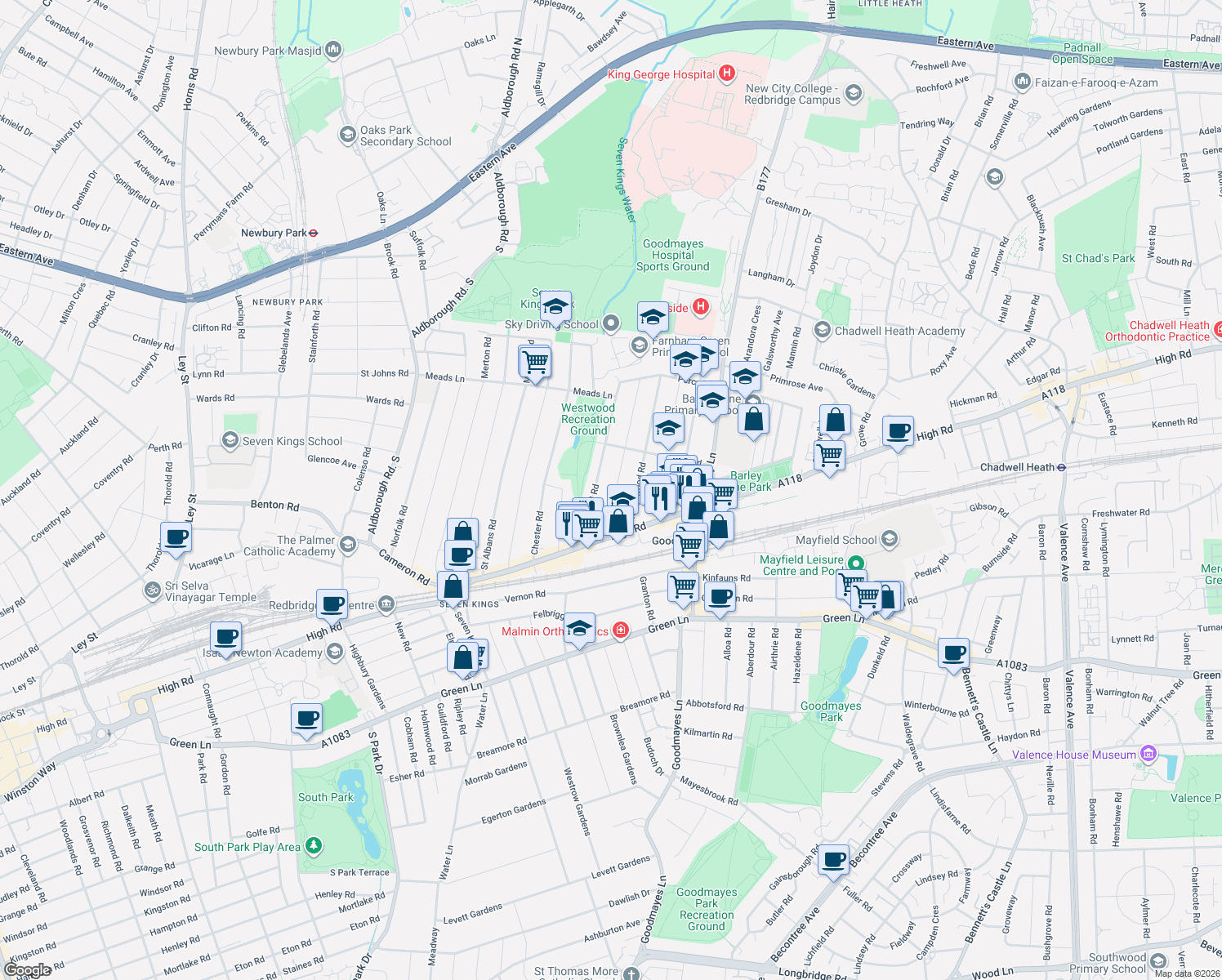 map of restaurants, bars, coffee shops, grocery stores, and more near 24 Blythswood Road in Greater London