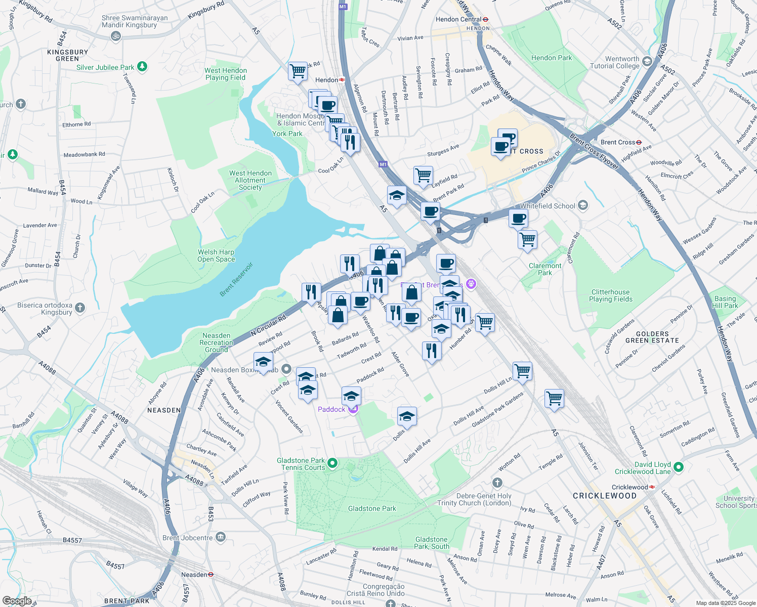 map of restaurants, bars, coffee shops, grocery stores, and more near Coles Green Road in Greater London