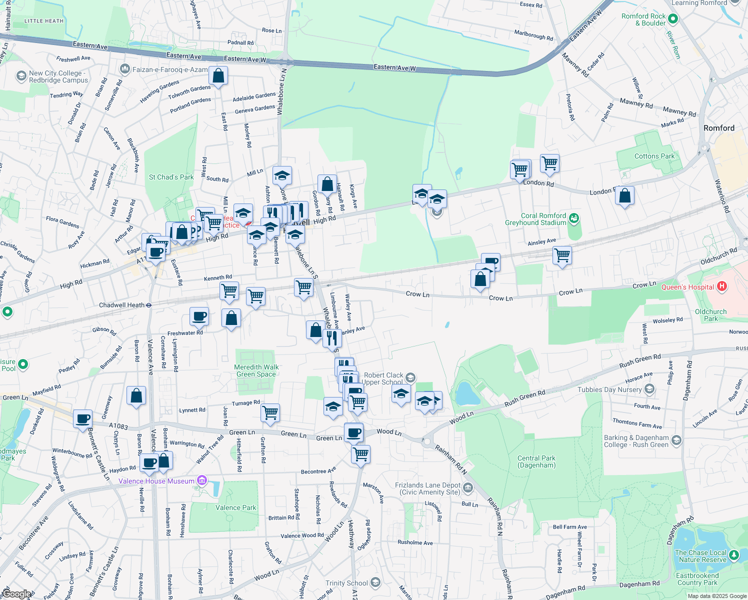 map of restaurants, bars, coffee shops, grocery stores, and more near in Dagenham