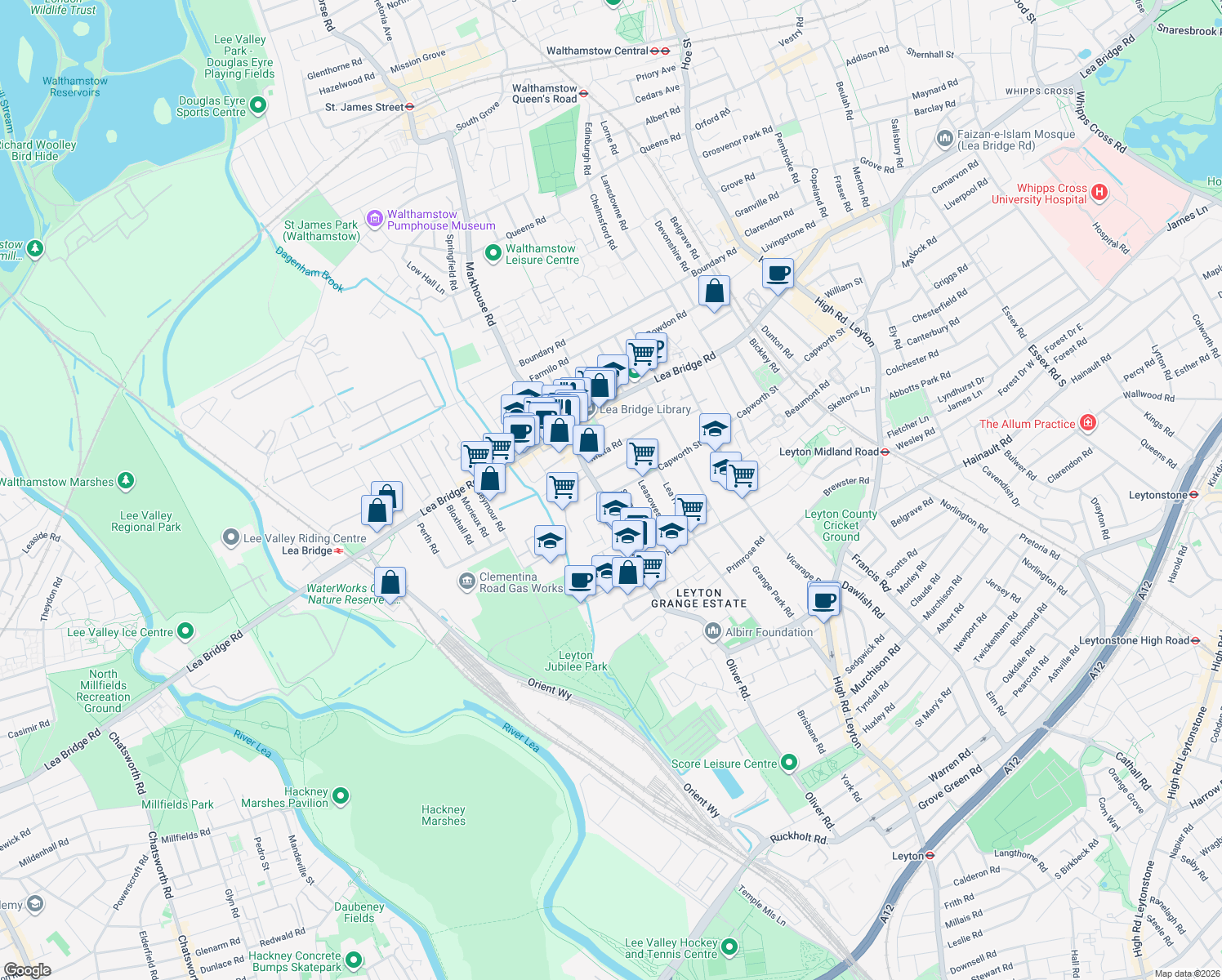 map of restaurants, bars, coffee shops, grocery stores, and more near 306 Capworth Street in Greater London