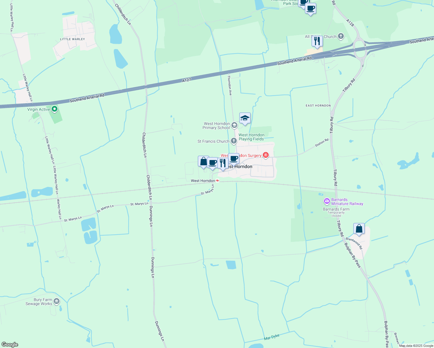 map of restaurants, bars, coffee shops, grocery stores, and more near 13 Station Road in West Horndon
