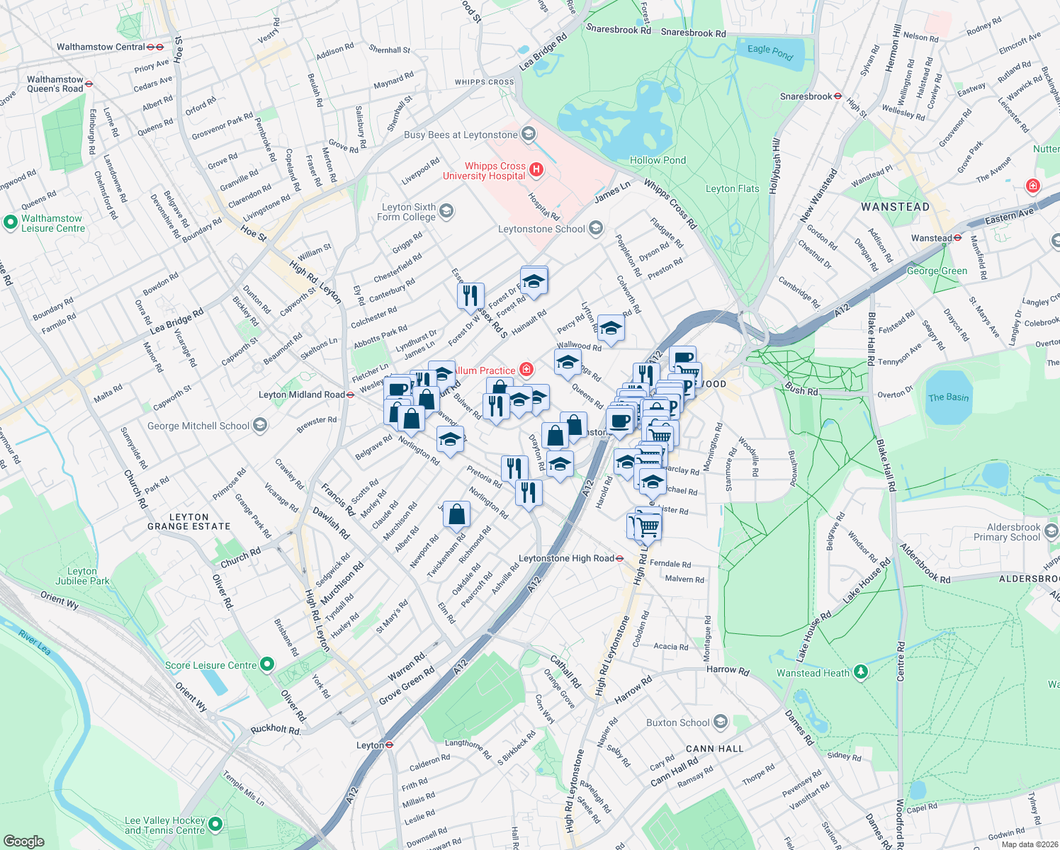 map of restaurants, bars, coffee shops, grocery stores, and more near 101 Bulwer Road in Greater London
