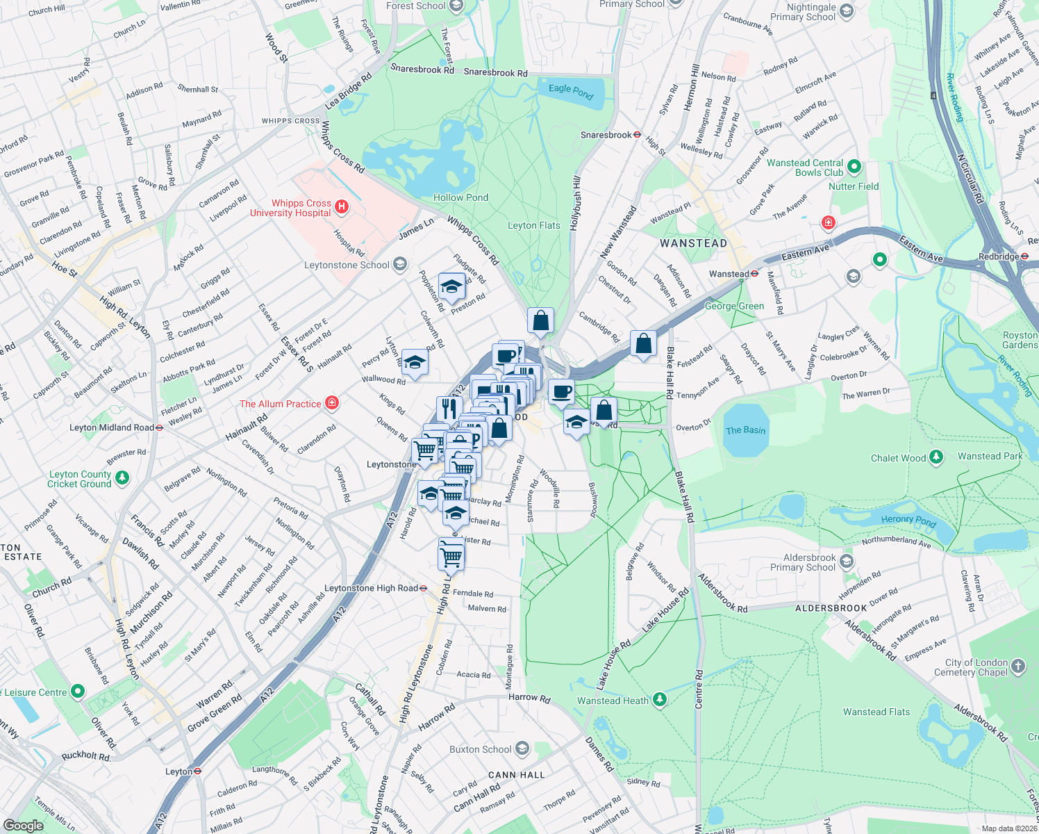map of restaurants, bars, coffee shops, grocery stores, and more near 10 Browning Road in Greater London