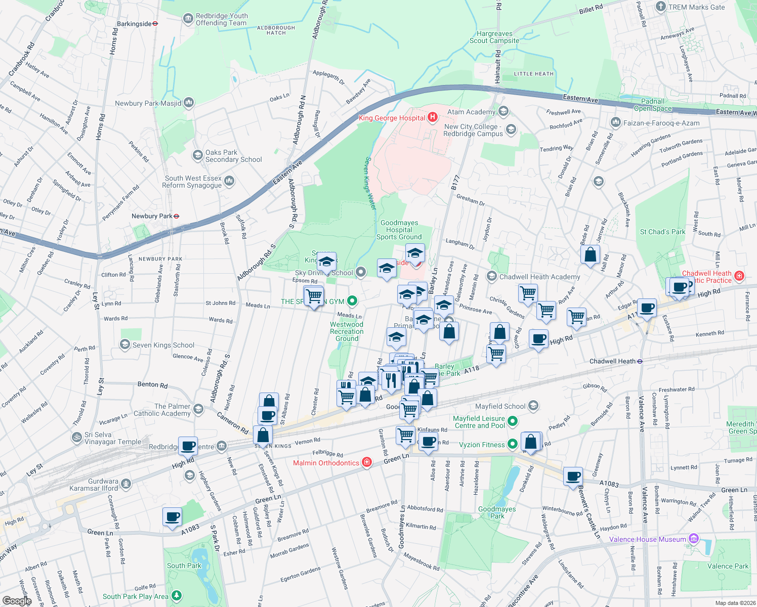 map of restaurants, bars, coffee shops, grocery stores, and more near in Greater London