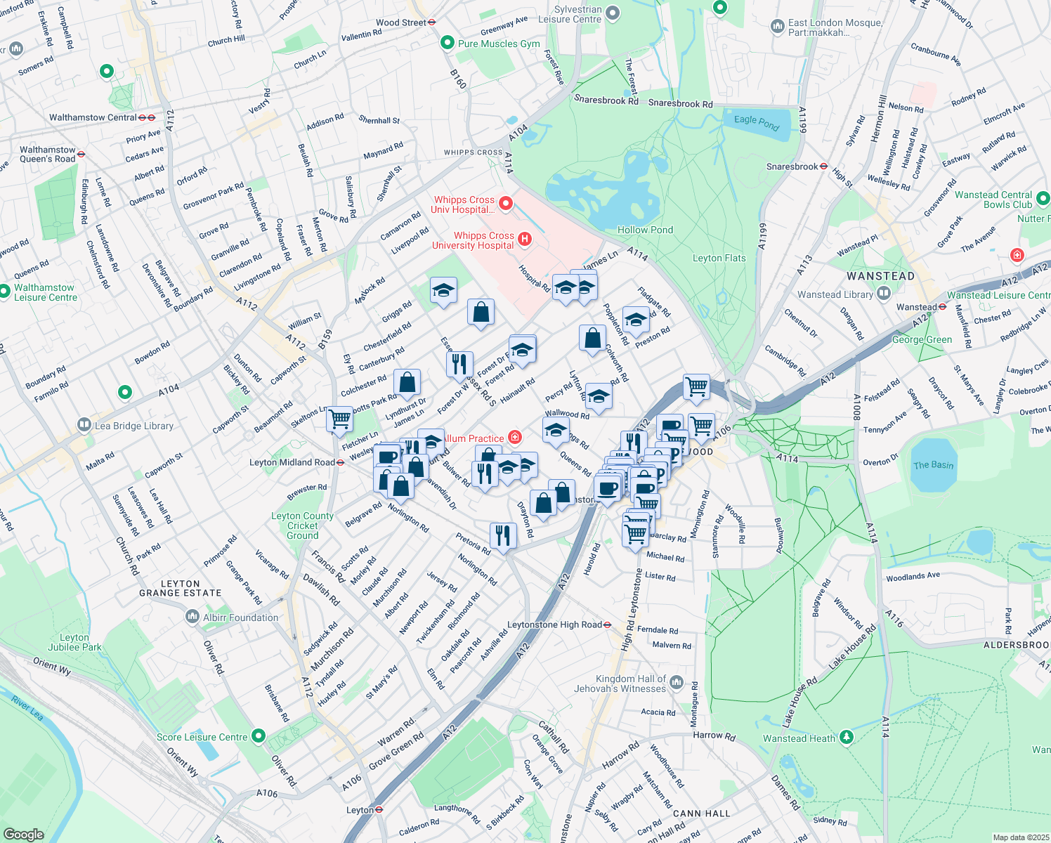 map of restaurants, bars, coffee shops, grocery stores, and more near 56 Wallwood Road in Greater London
