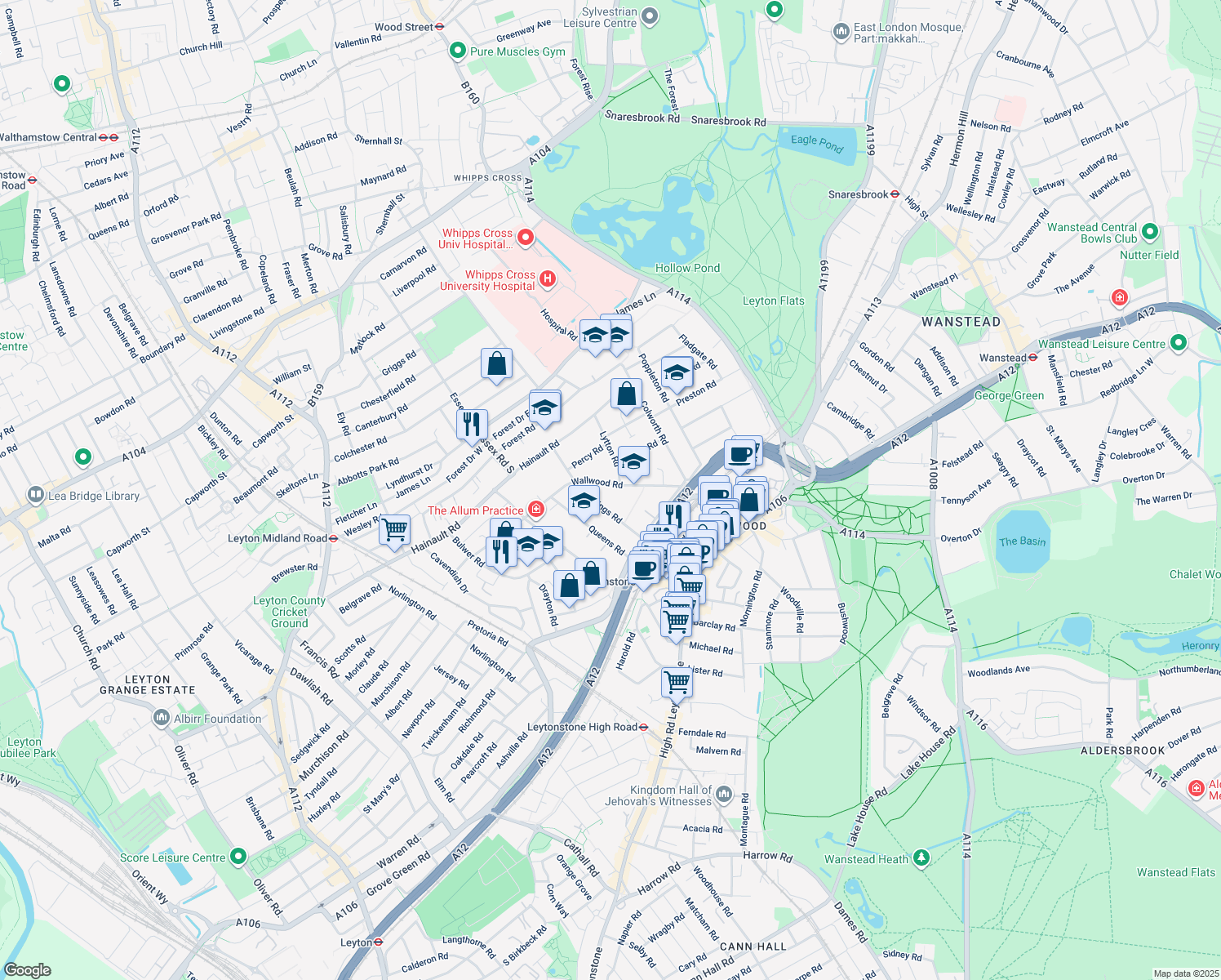 map of restaurants, bars, coffee shops, grocery stores, and more near 109 Wallwood Road in Greater London