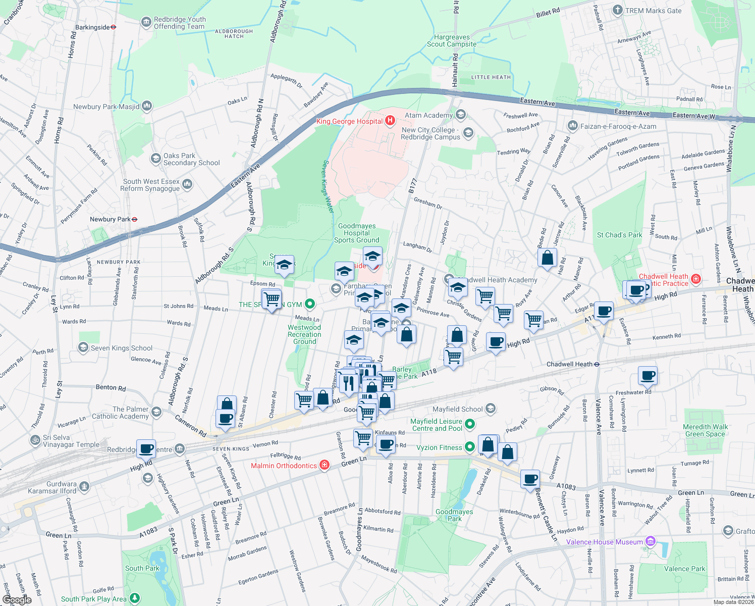 map of restaurants, bars, coffee shops, grocery stores, and more near in Ilford