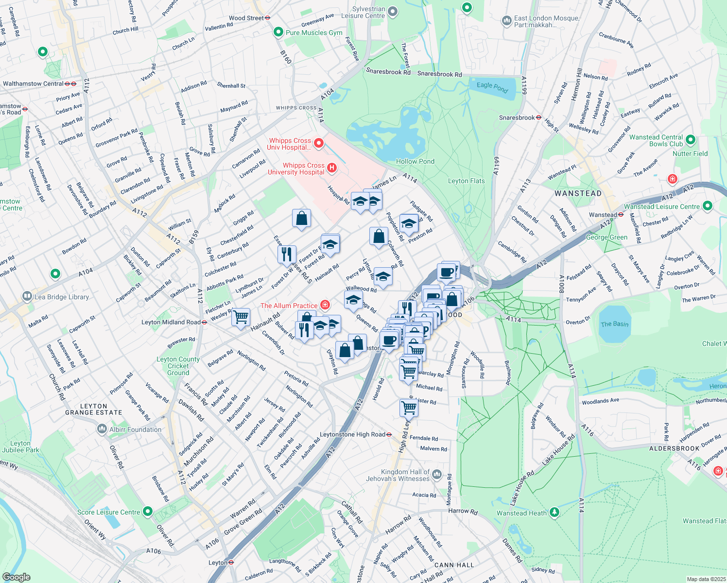 map of restaurants, bars, coffee shops, grocery stores, and more near 109 Wallwood Road in Greater London