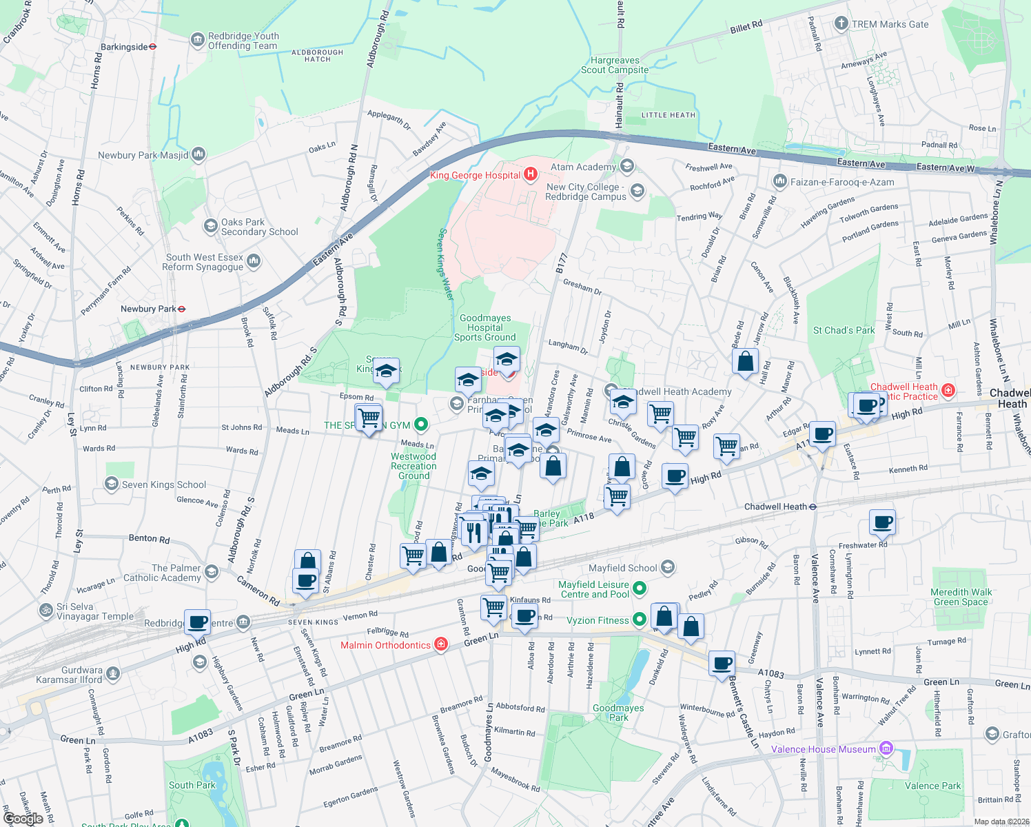 map of restaurants, bars, coffee shops, grocery stores, and more near in Ilford