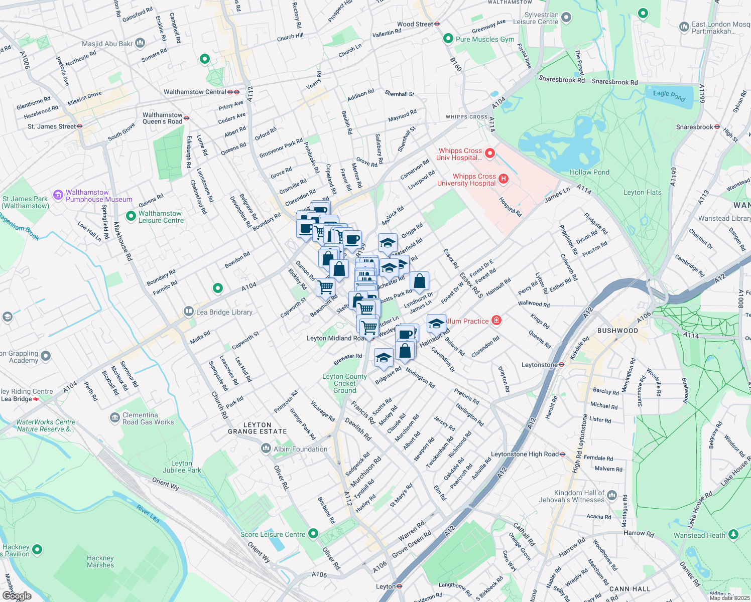 map of restaurants, bars, coffee shops, grocery stores, and more near in Greater London