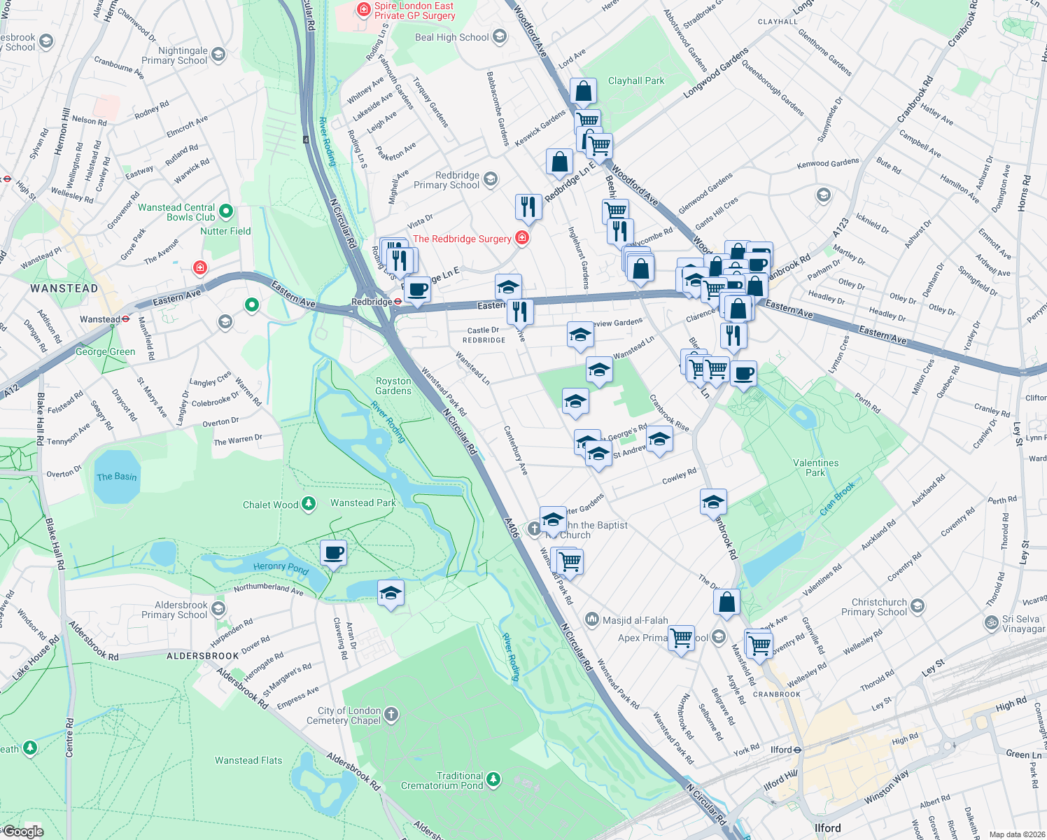 map of restaurants, bars, coffee shops, grocery stores, and more near 68 Canterbury Avenue in Greater London