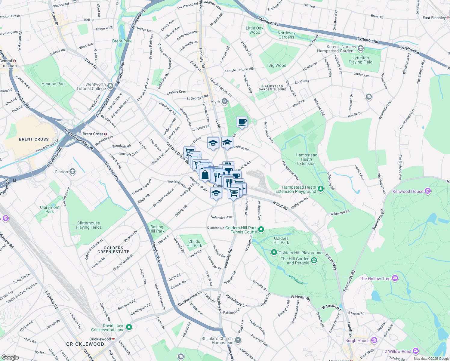 map of restaurants, bars, coffee shops, grocery stores, and more near 26-30 Golders Green Crescent in Greater London
