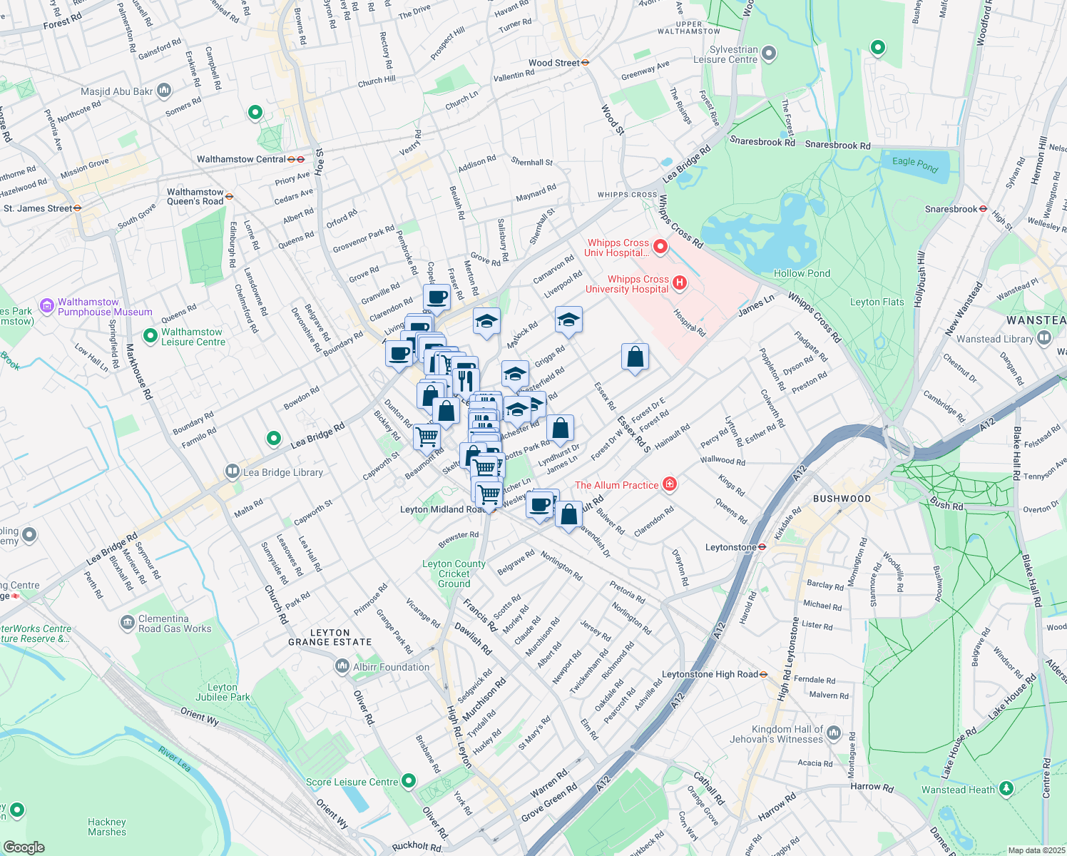 map of restaurants, bars, coffee shops, grocery stores, and more near 40 Colchester Road in London