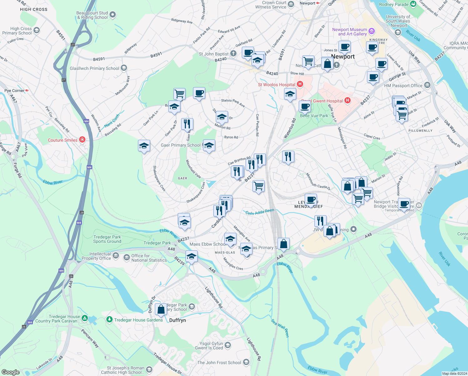 map of restaurants, bars, coffee shops, grocery stores, and more near Cardiff Road in Newport