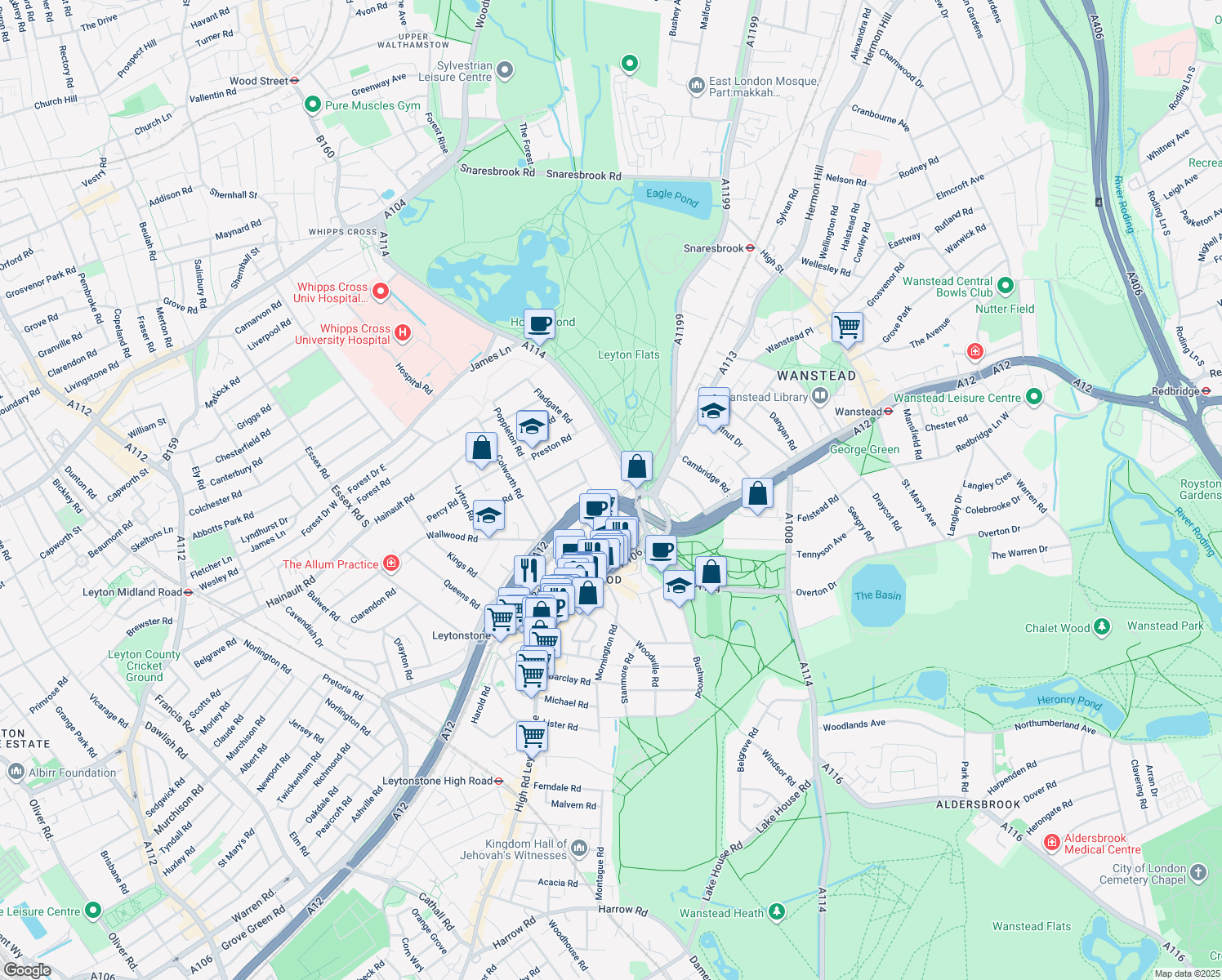 map of restaurants, bars, coffee shops, grocery stores, and more near Leyton Way in Greater London