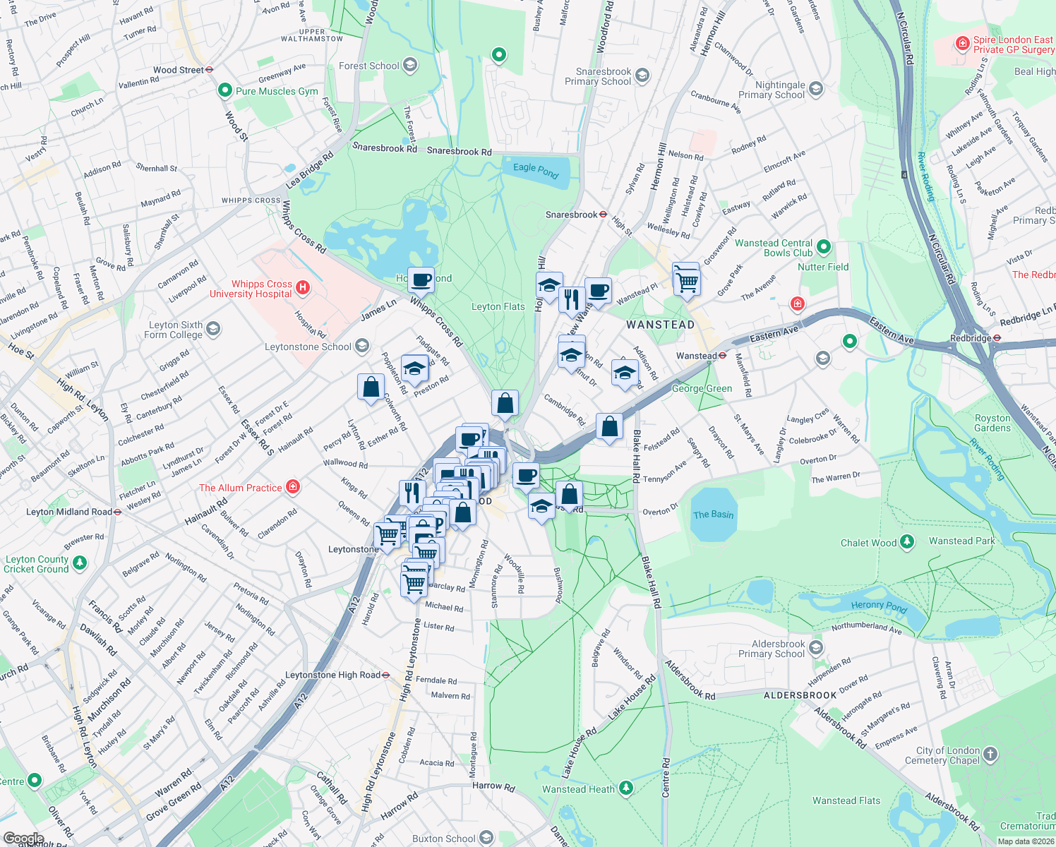 map of restaurants, bars, coffee shops, grocery stores, and more near Hollybush Hill in London