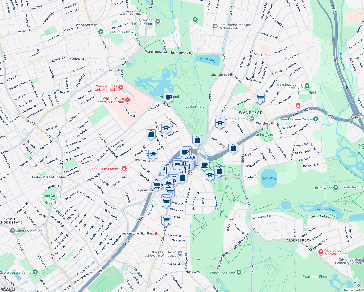 map of restaurants, bars, coffee shops, grocery stores, and more near Leyton Way in London