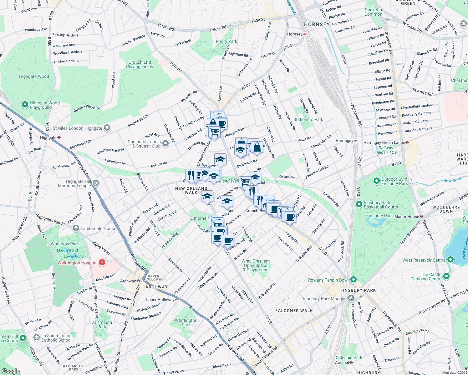 map of restaurants, bars, coffee shops, grocery stores, and more near in Greater London