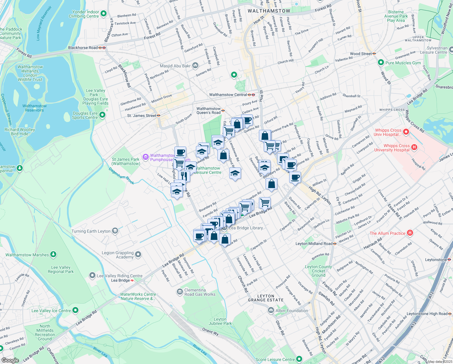 map of restaurants, bars, coffee shops, grocery stores, and more near in London