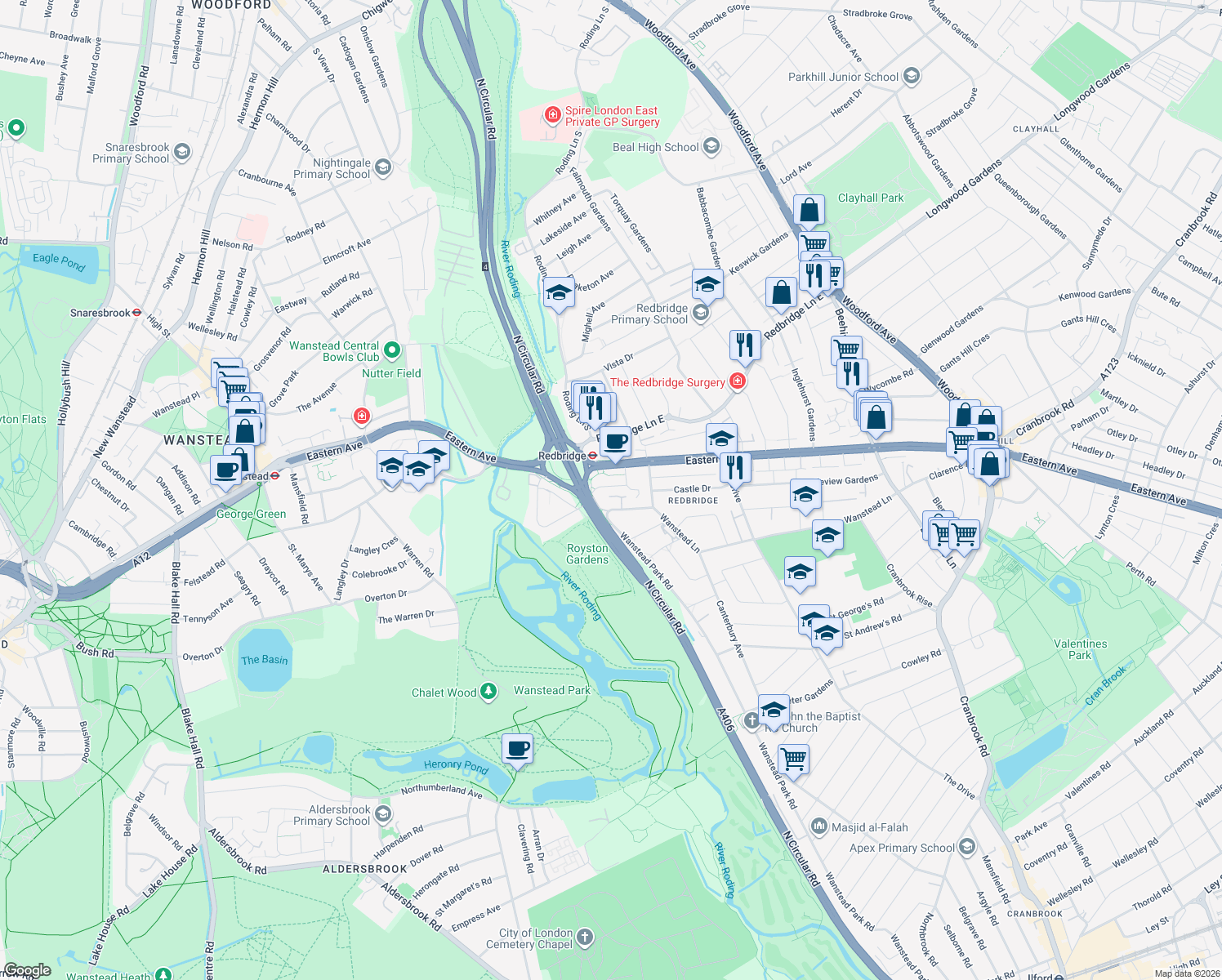 map of restaurants, bars, coffee shops, grocery stores, and more near in Greater London