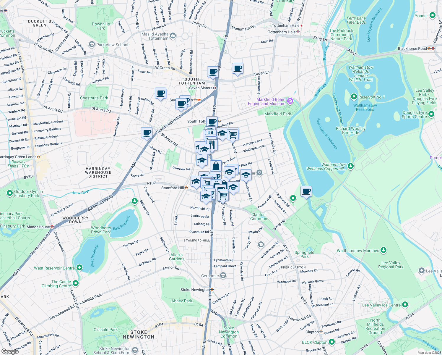 map of restaurants, bars, coffee shops, grocery stores, and more near 0 Olinda Road in Greater London