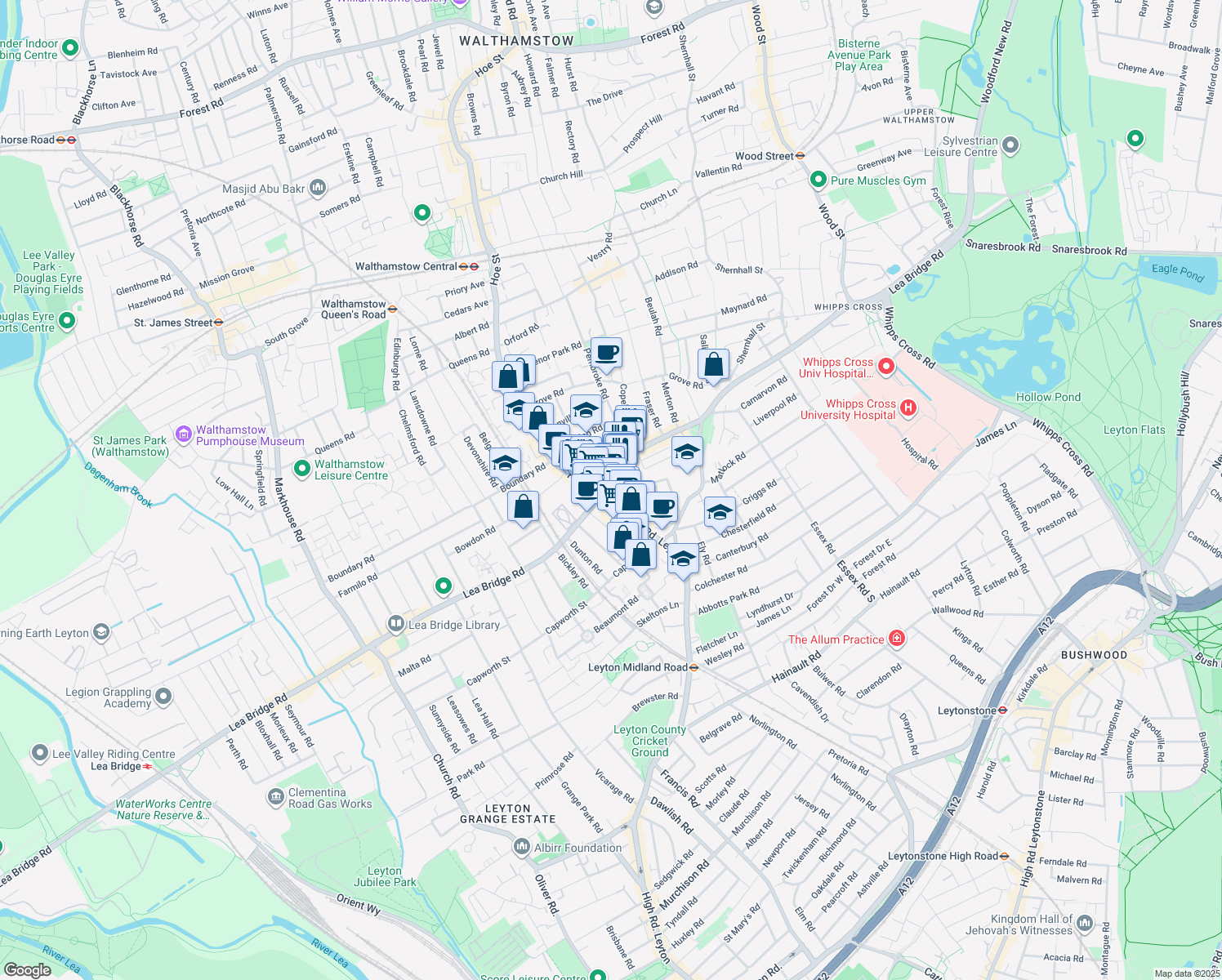 map of restaurants, bars, coffee shops, grocery stores, and more near in Greater London