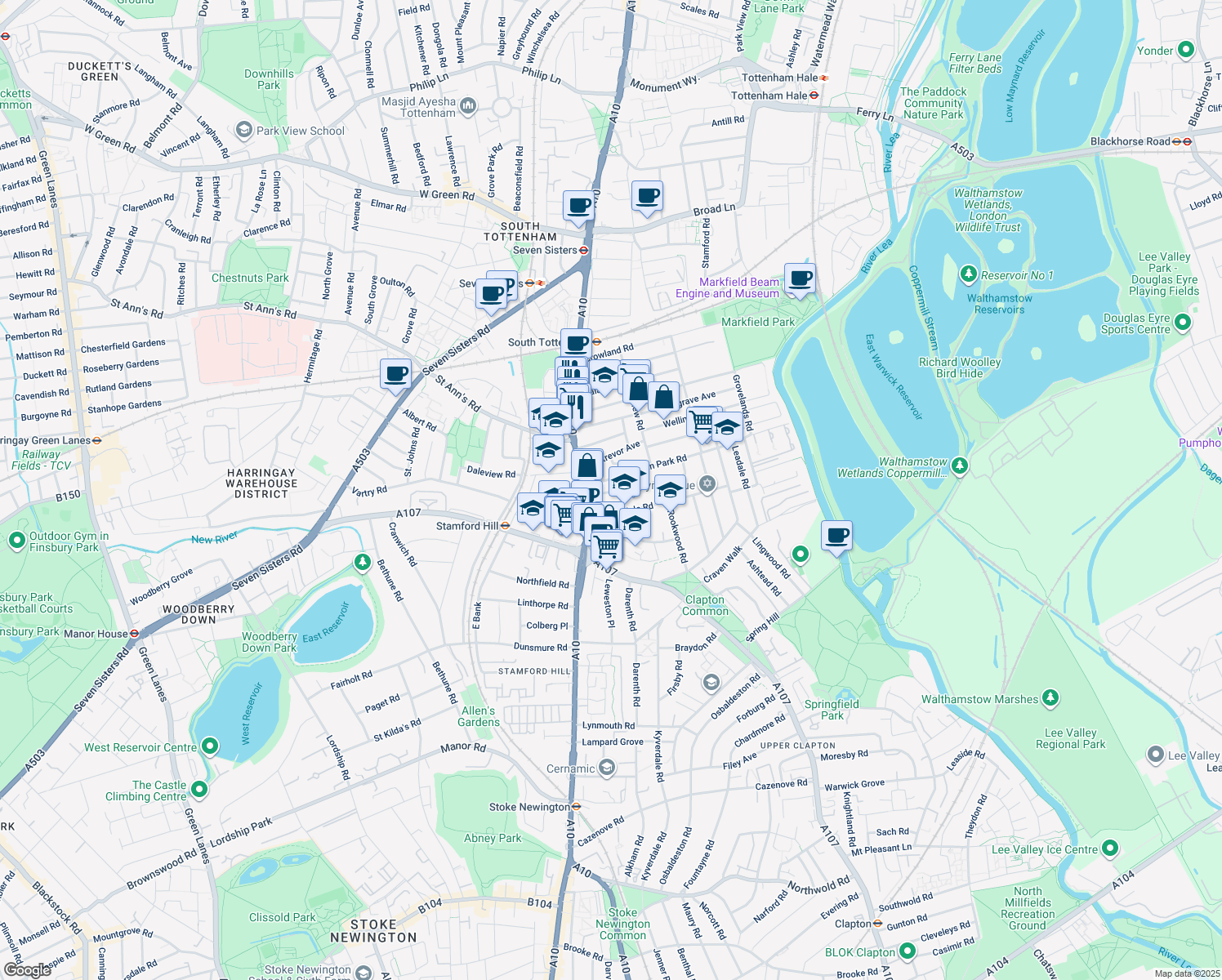 map of restaurants, bars, coffee shops, grocery stores, and more near 15 Olinda Road in Greater London