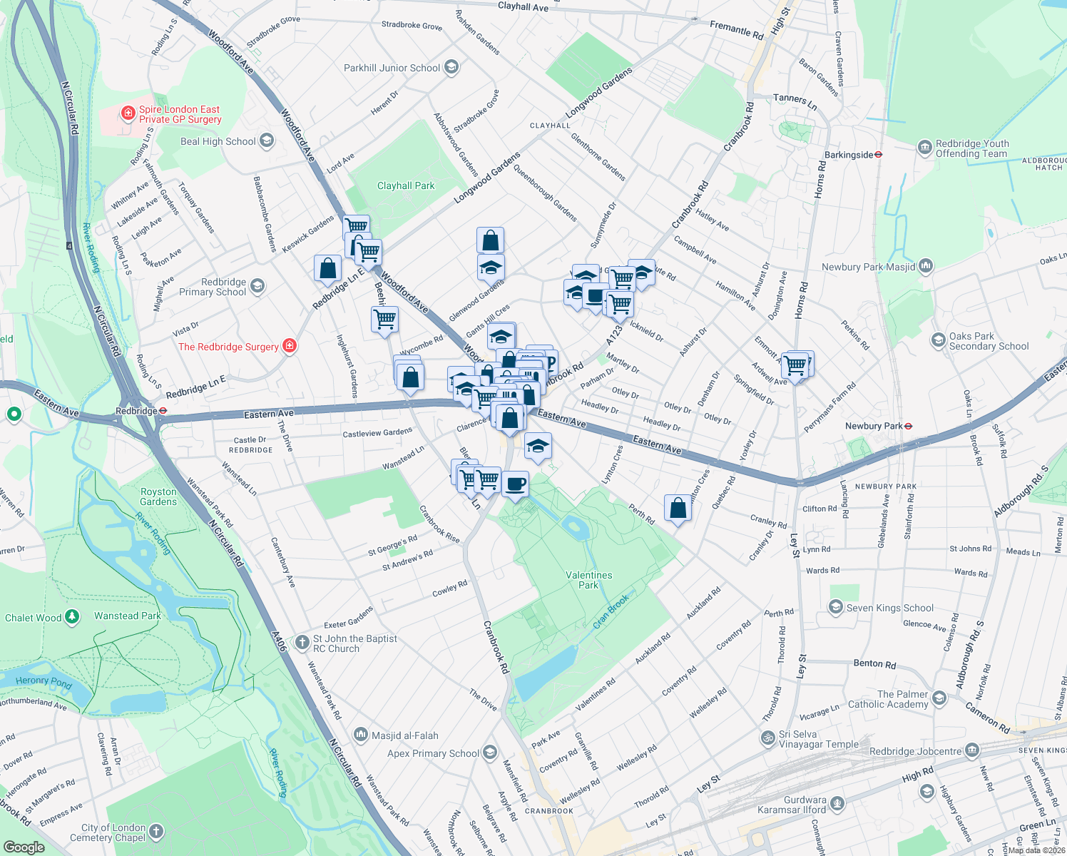 map of restaurants, bars, coffee shops, grocery stores, and more near 27 Perth Road in Greater London