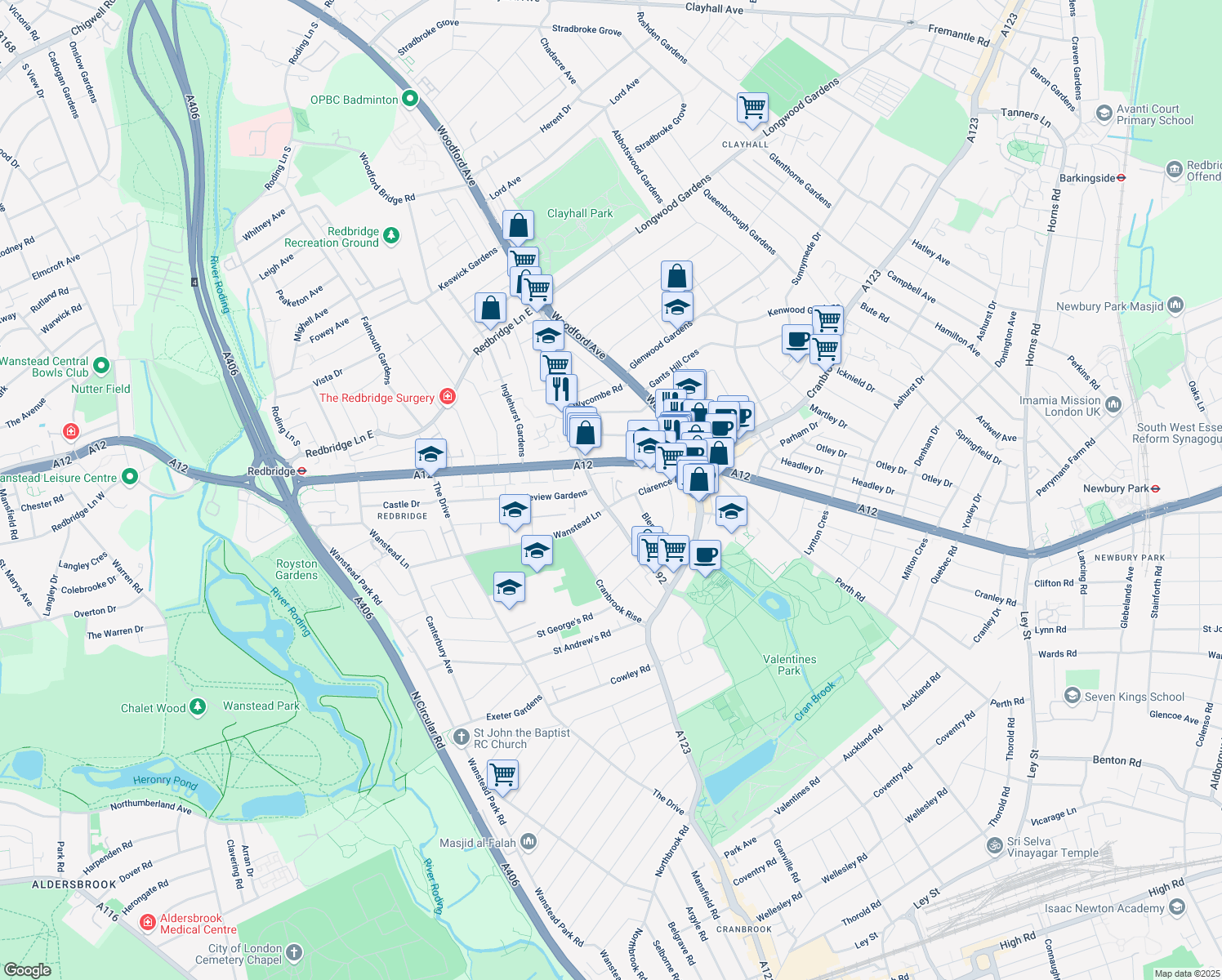 map of restaurants, bars, coffee shops, grocery stores, and more near in Greater London