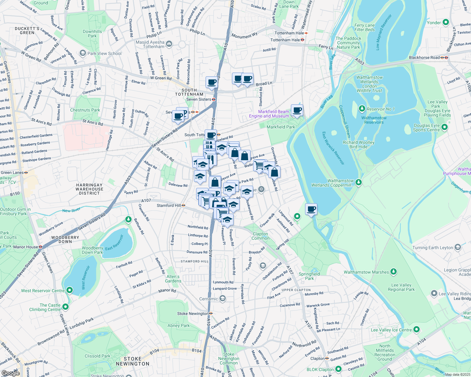 map of restaurants, bars, coffee shops, grocery stores, and more near 63 Olinda Road in Greater London
