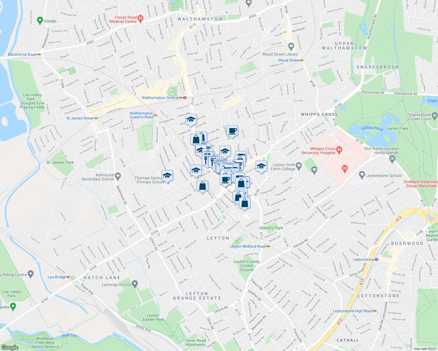 map of restaurants, bars, coffee shops, grocery stores, and more near 458 Hoe Street in Greater London