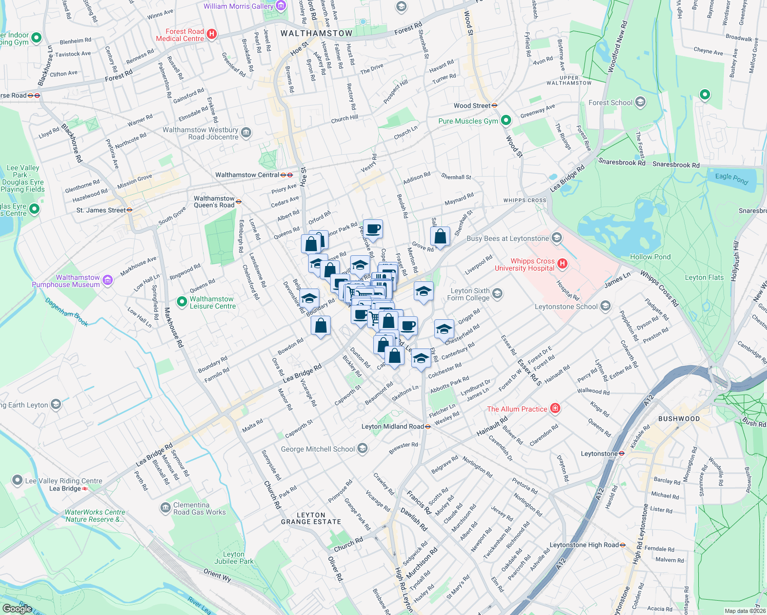 map of restaurants, bars, coffee shops, grocery stores, and more near in Greater London