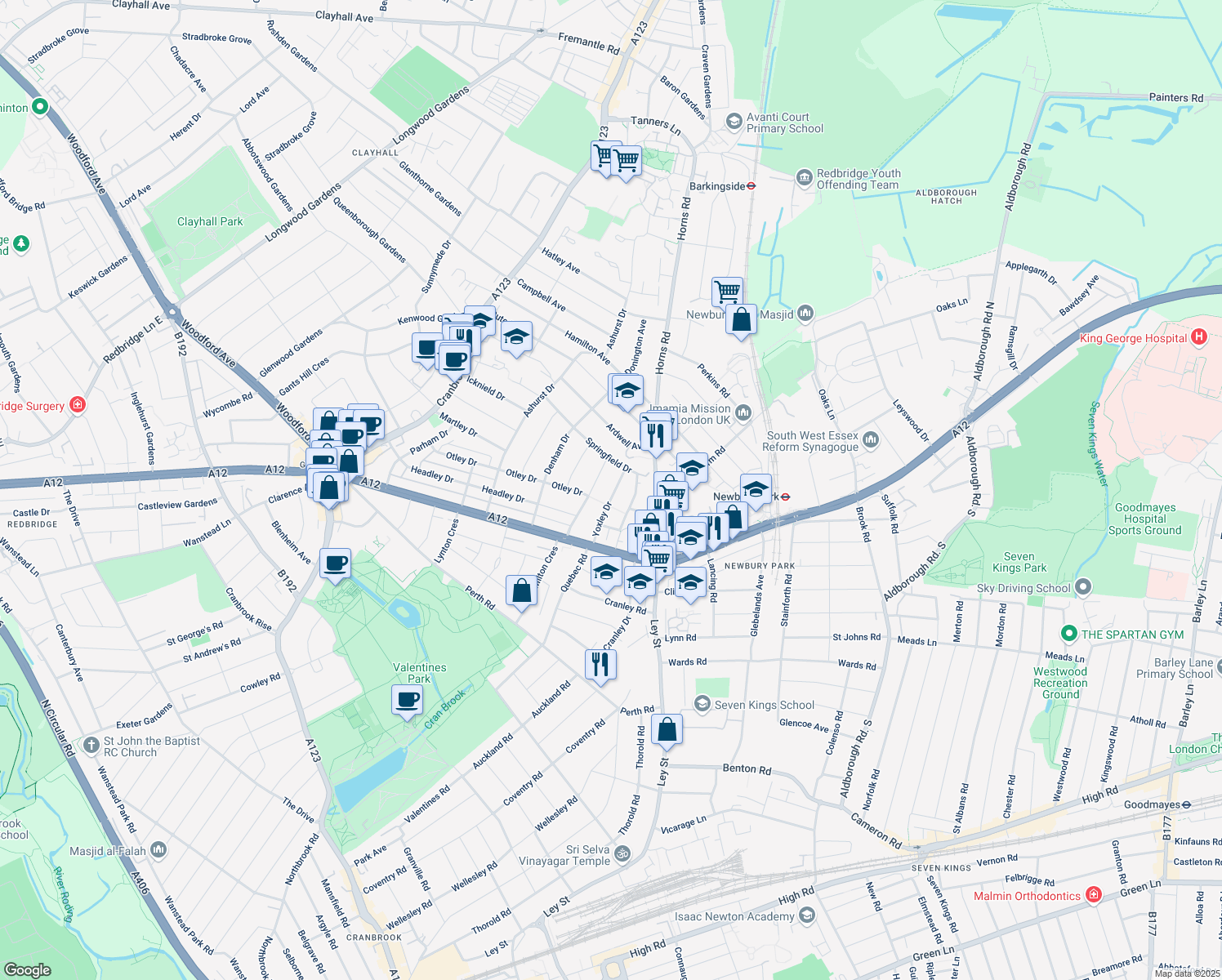 map of restaurants, bars, coffee shops, grocery stores, and more near 75 Yoxley Drive in Greater London