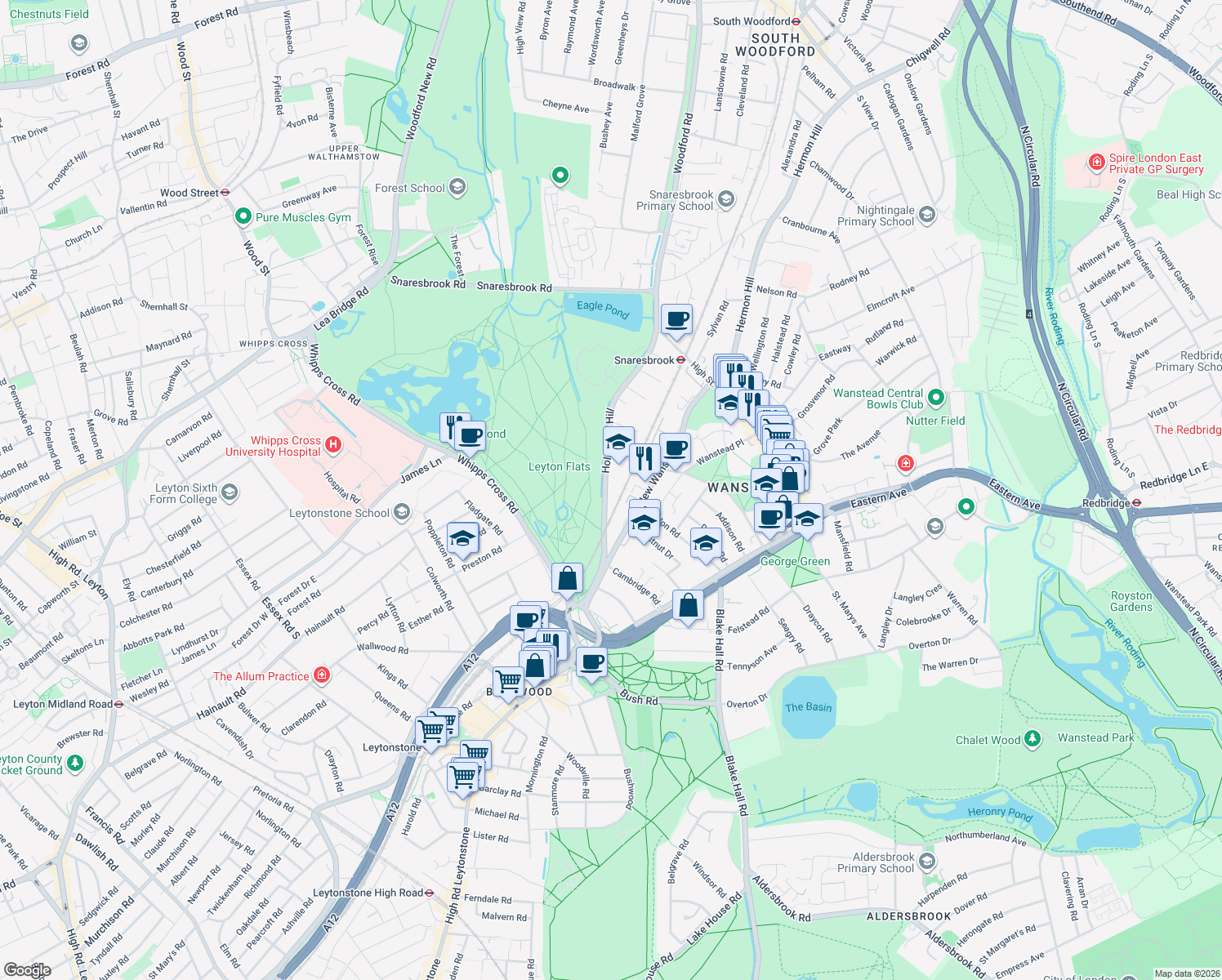 map of restaurants, bars, coffee shops, grocery stores, and more near Hollybush Hill in Greater London