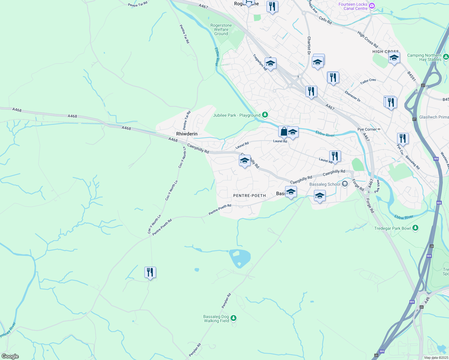 map of restaurants, bars, coffee shops, grocery stores, and more near Parkwood Drive in Bassaleg