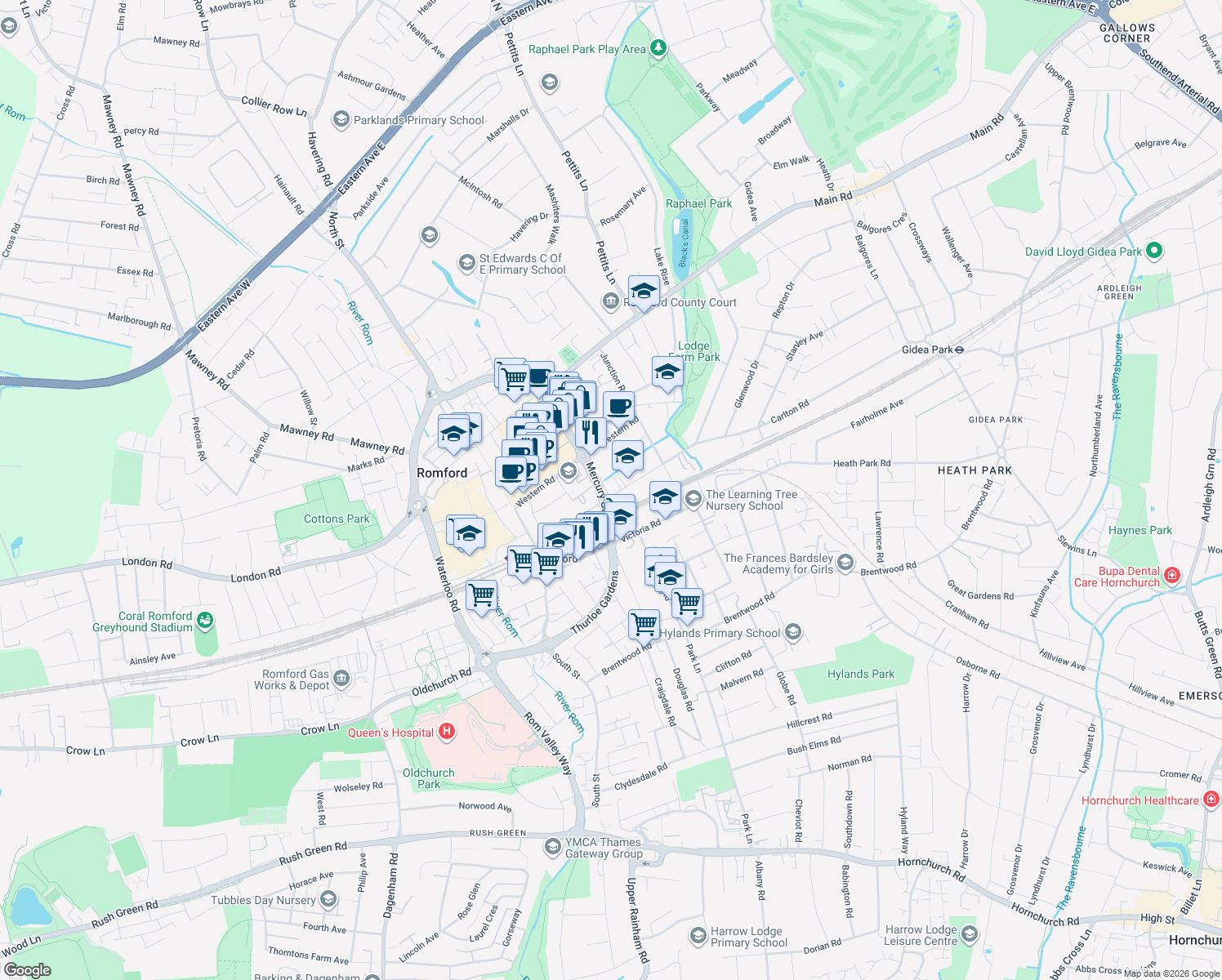 map of restaurants, bars, coffee shops, grocery stores, and more near in Greater London