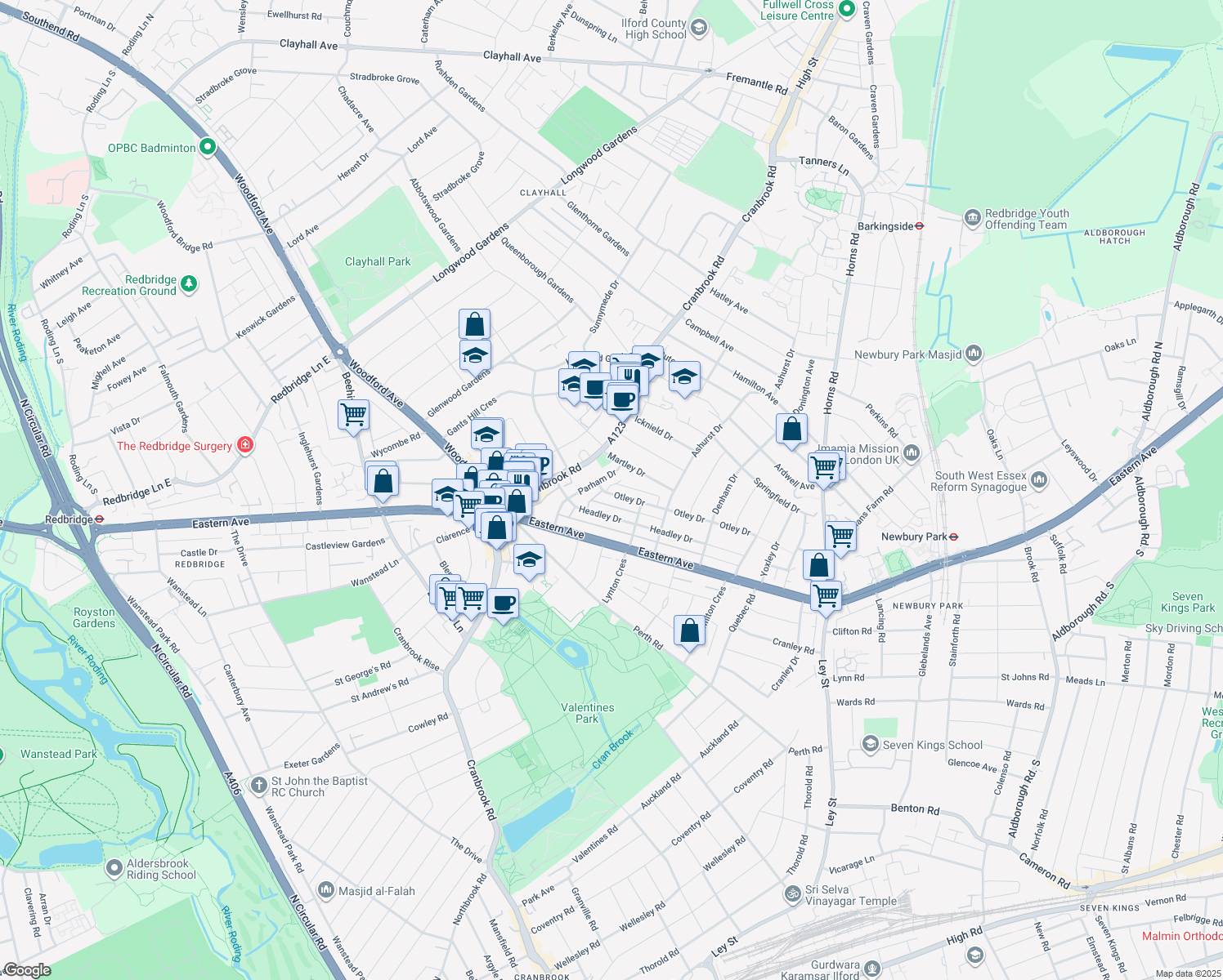 map of restaurants, bars, coffee shops, grocery stores, and more near in Ilford