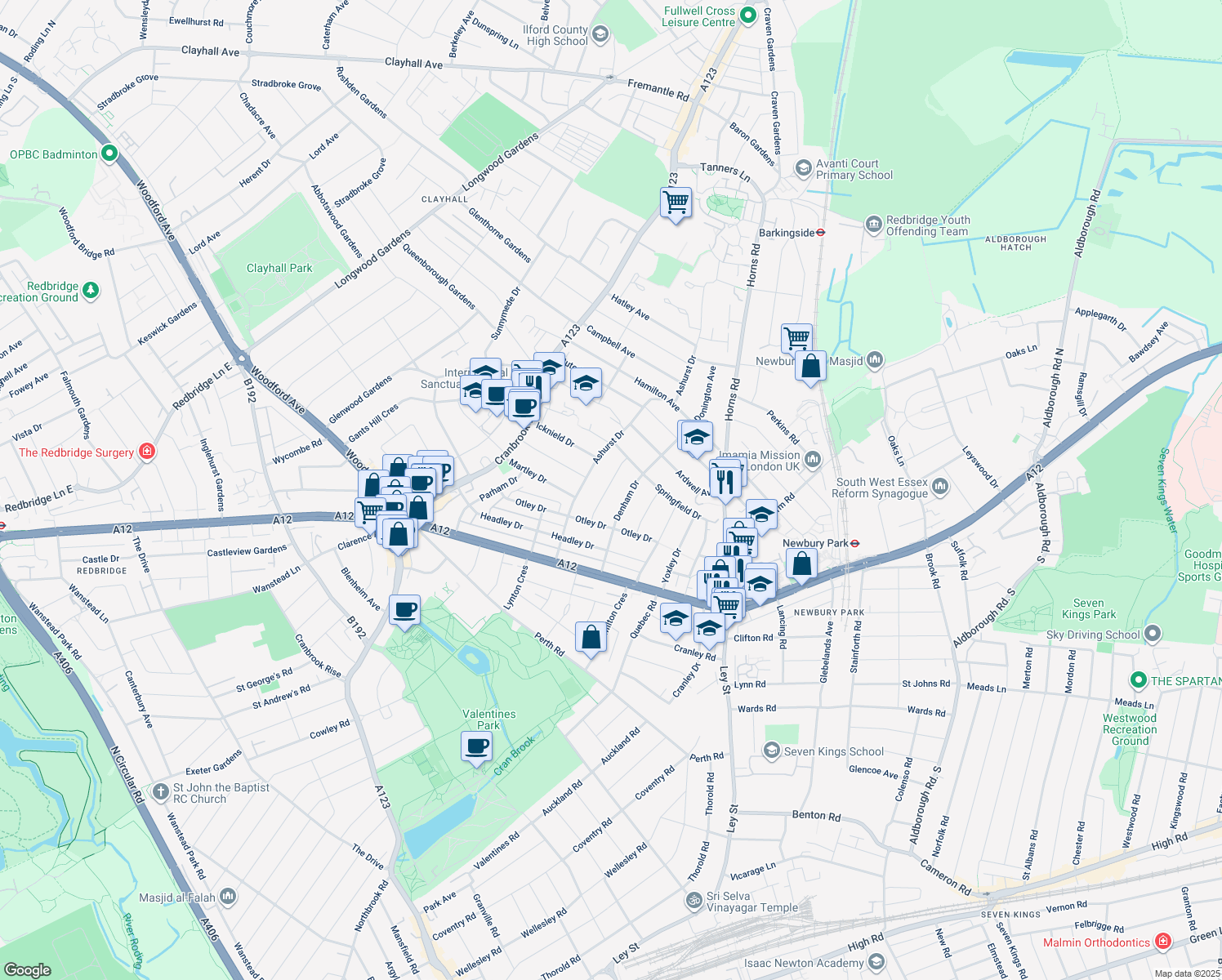 map of restaurants, bars, coffee shops, grocery stores, and more near in Ilford