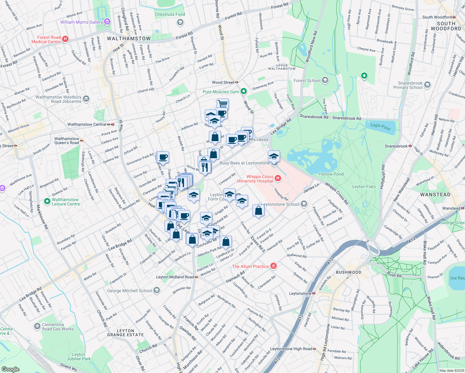 map of restaurants, bars, coffee shops, grocery stores, and more near 90 Matlock Road in Greater London