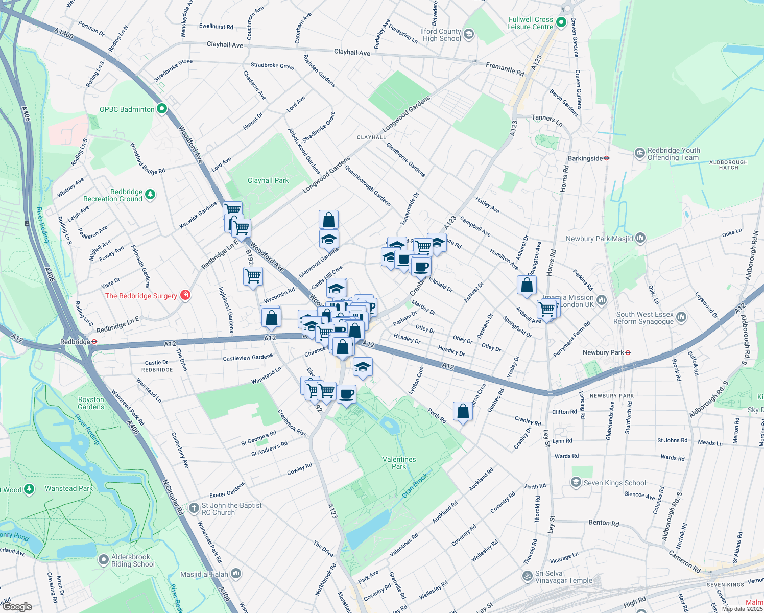 map of restaurants, bars, coffee shops, grocery stores, and more near in Ilford