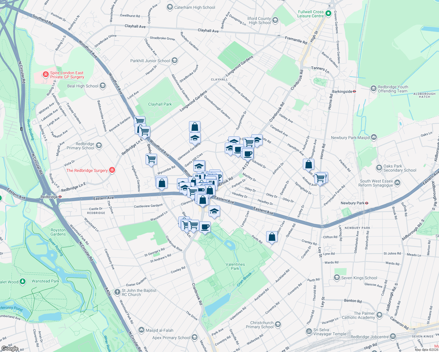 map of restaurants, bars, coffee shops, grocery stores, and more near in Ilford