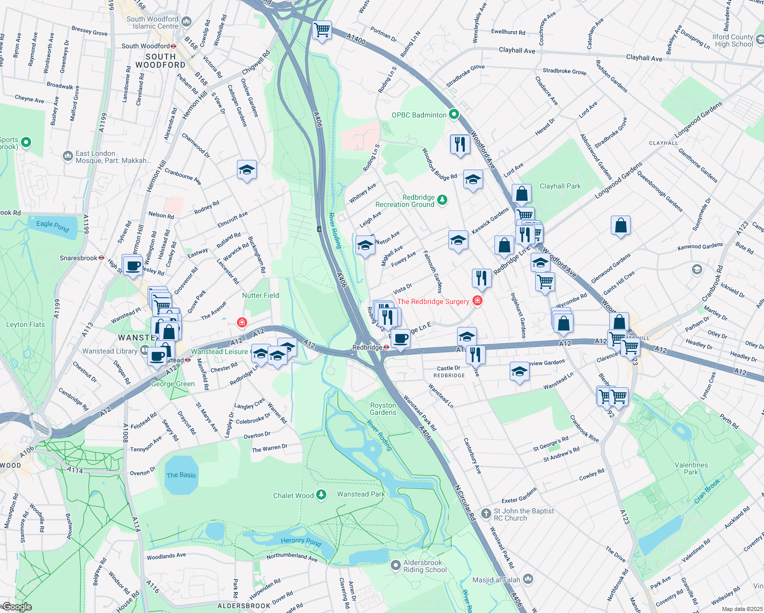 map of restaurants, bars, coffee shops, grocery stores, and more near in Ilford