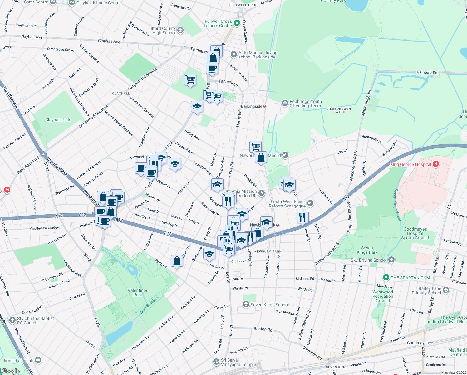 map of restaurants, bars, coffee shops, grocery stores, and more near in Ilford