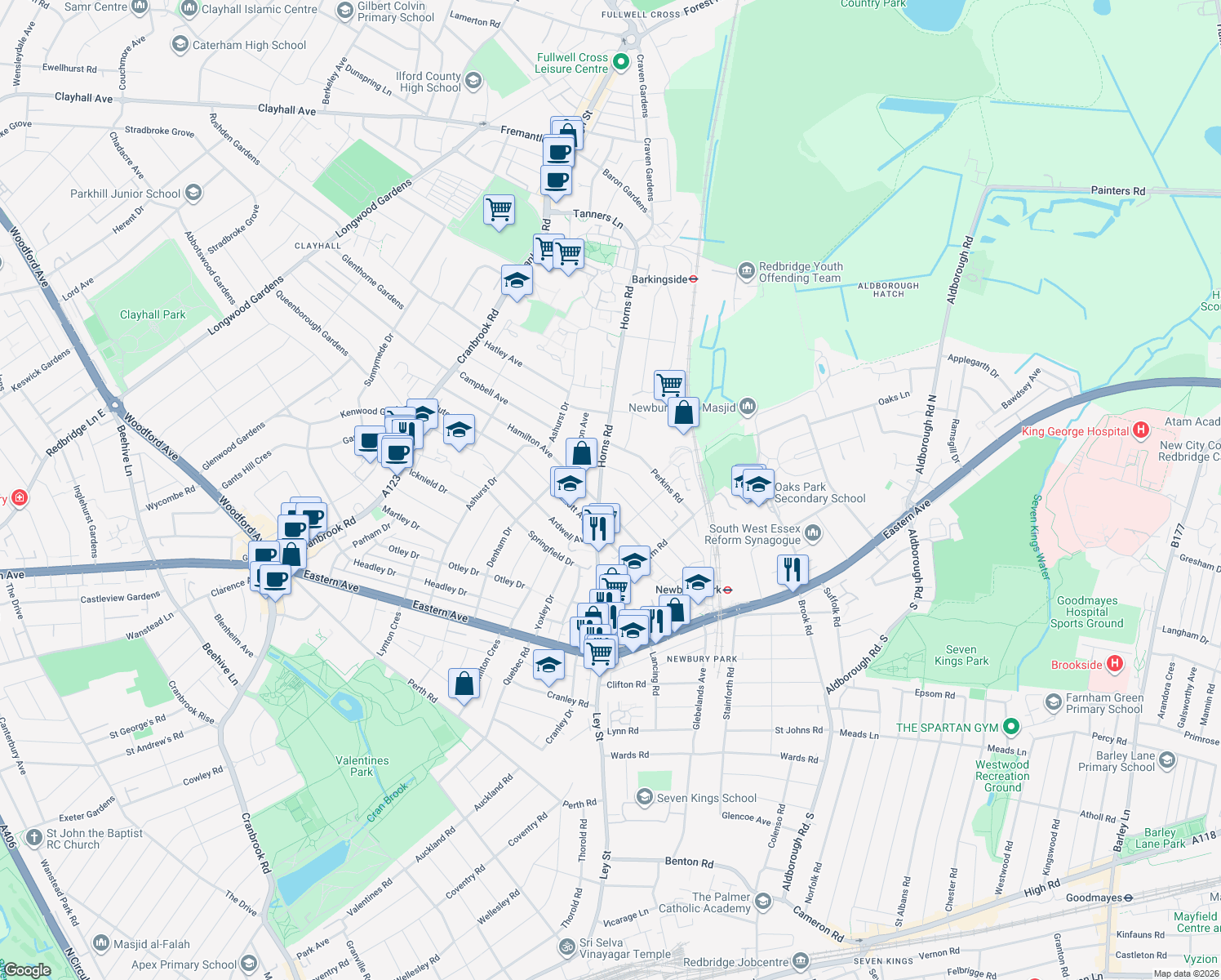map of restaurants, bars, coffee shops, grocery stores, and more near in Ilford